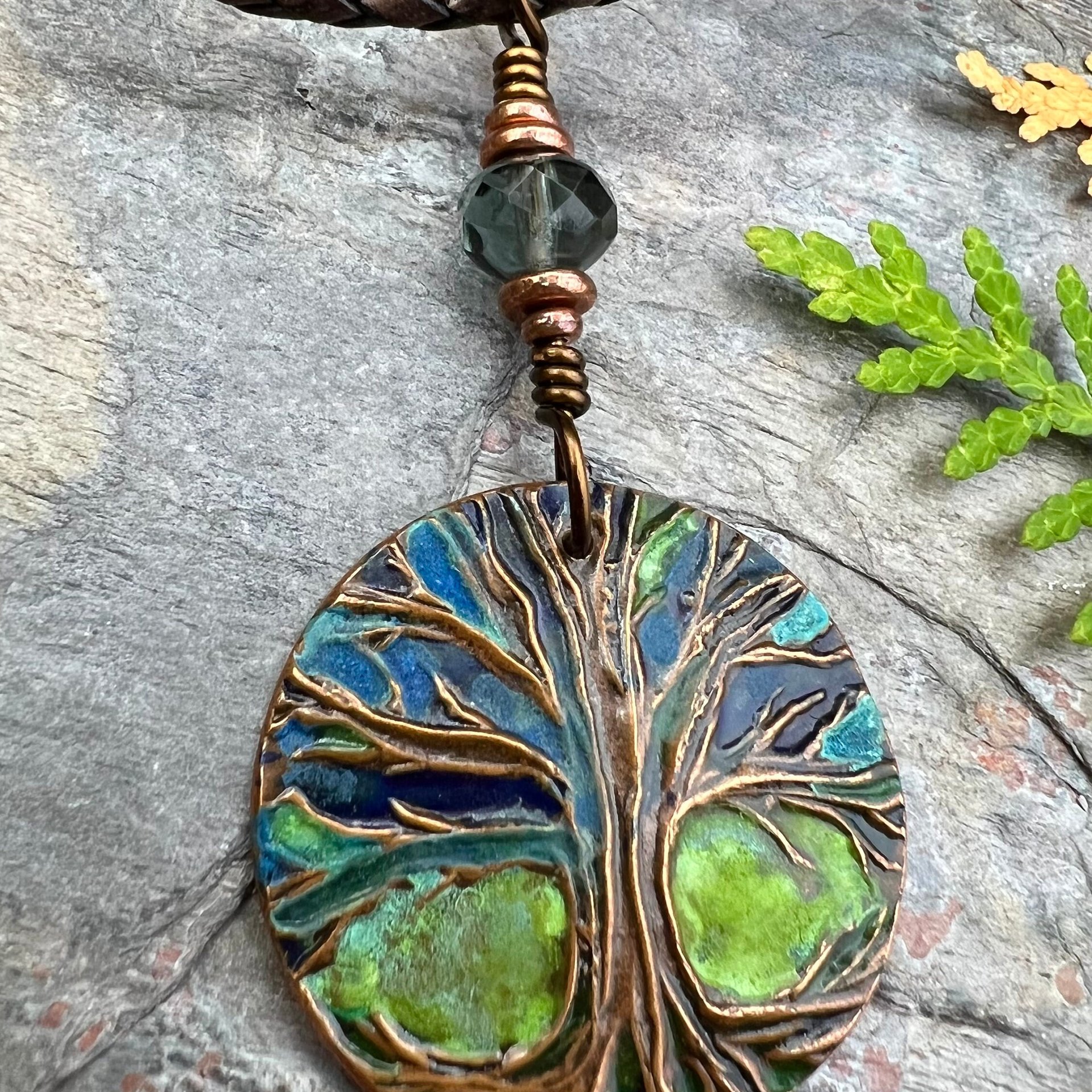 Tree of Life Pendant, Colorful Patina, Czech Glass Bead, Hand Carved, Irish Celtic Spirals, Celtic Witch Goddess, Ancient Earthy Jewelry