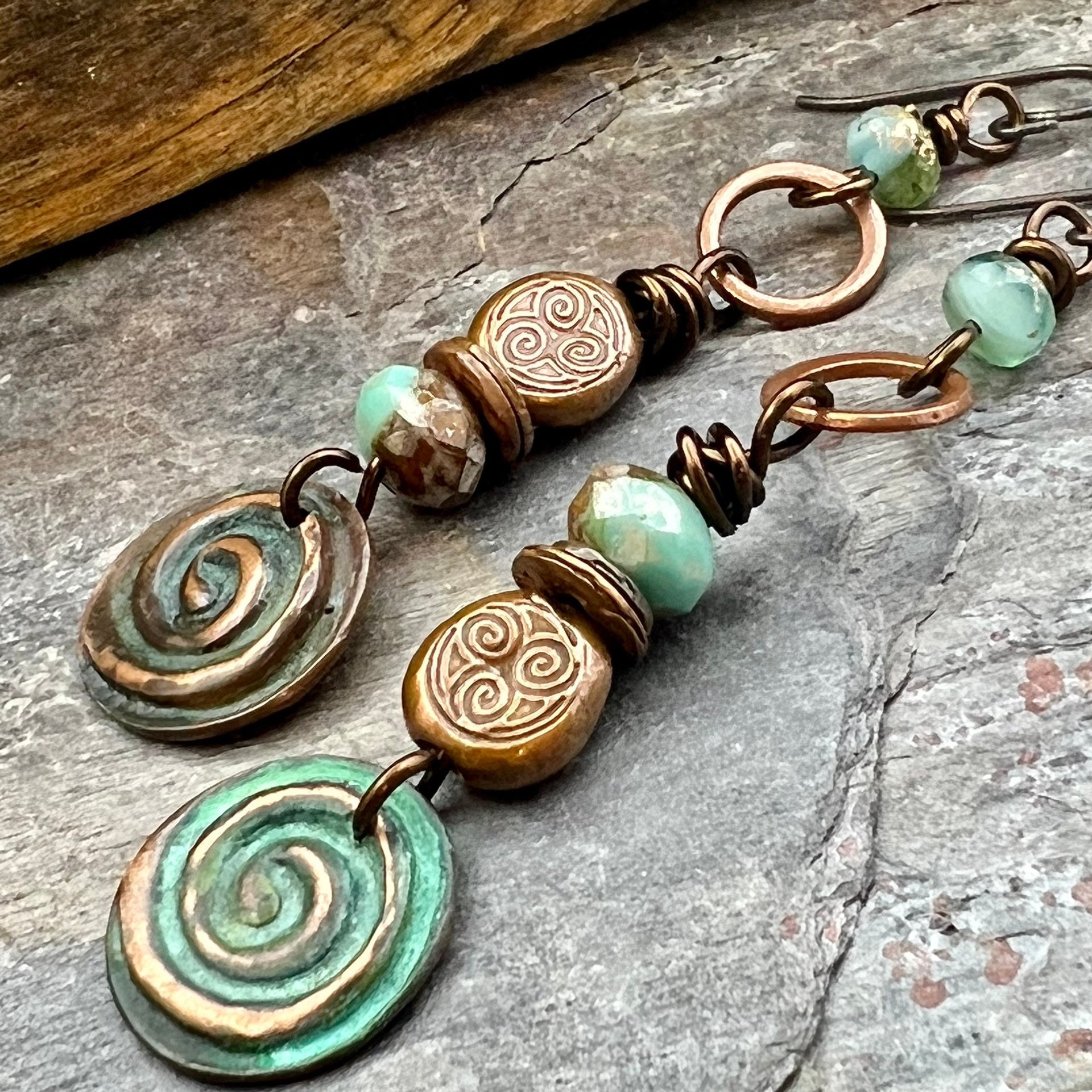 Copper Patina Spiral Earrings, Stacked Cairns, Spiral Beads, Czech Glass Beads, Hypoallergenic Ear Wires, Earthy, Arty Mismatched Earrings