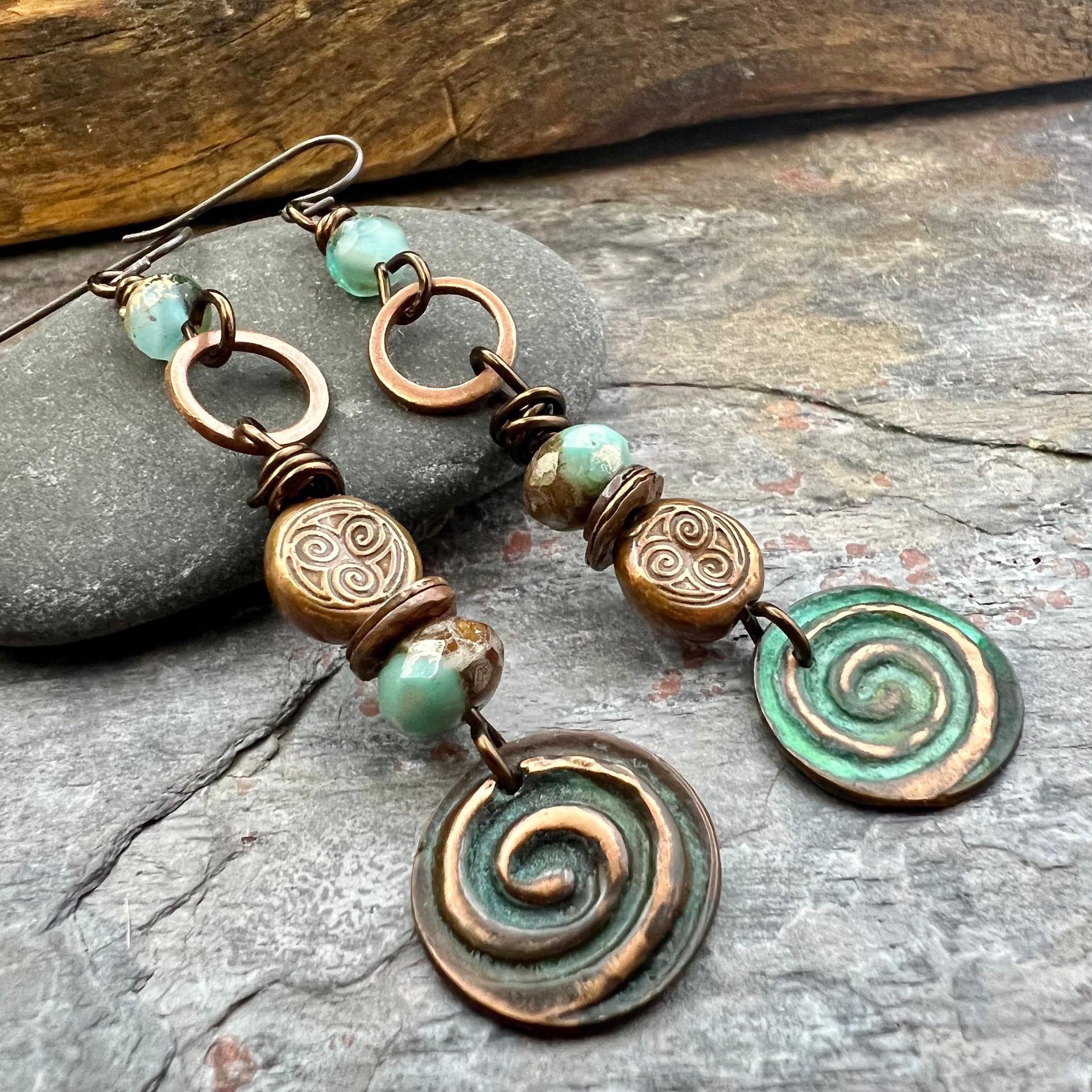 Copper Patina Spiral Earrings, Stacked Cairns, Spiral Beads, Czech Glass Beads, Hypoallergenic Ear Wires, Earthy, Arty Mismatched Earrings