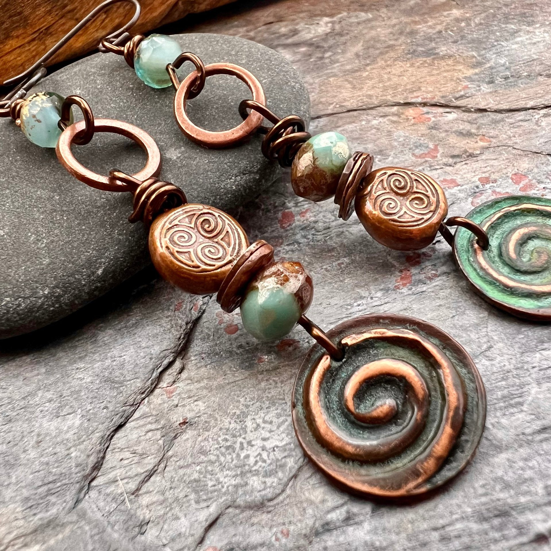 Copper Patina Spiral Earrings, Stacked Cairns, Spiral Beads, Czech Glass Beads, Hypoallergenic Ear Wires, Earthy, Arty Mismatched Earrings