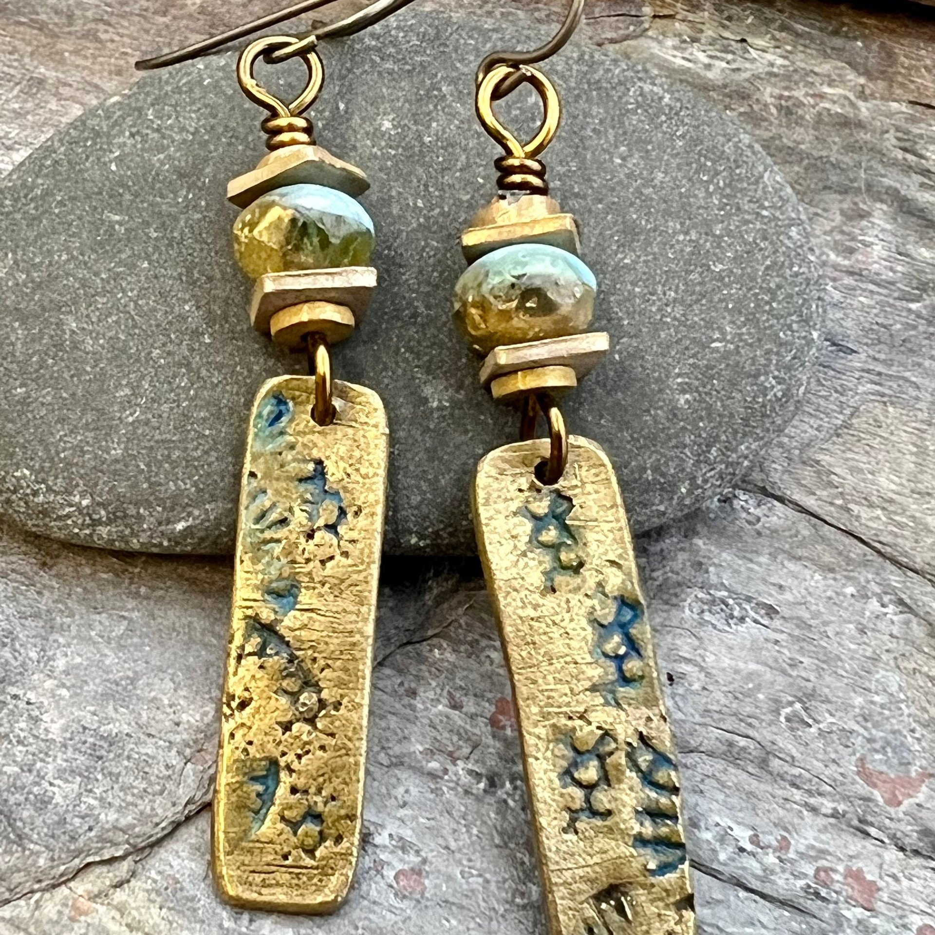 Bronze Dangle Drop Earrings, Coral Fossil Texture, Czech Glass Beads, Bronze and Blue, Hypoallergenic Niobium Ear Wires, Earthy Primitive