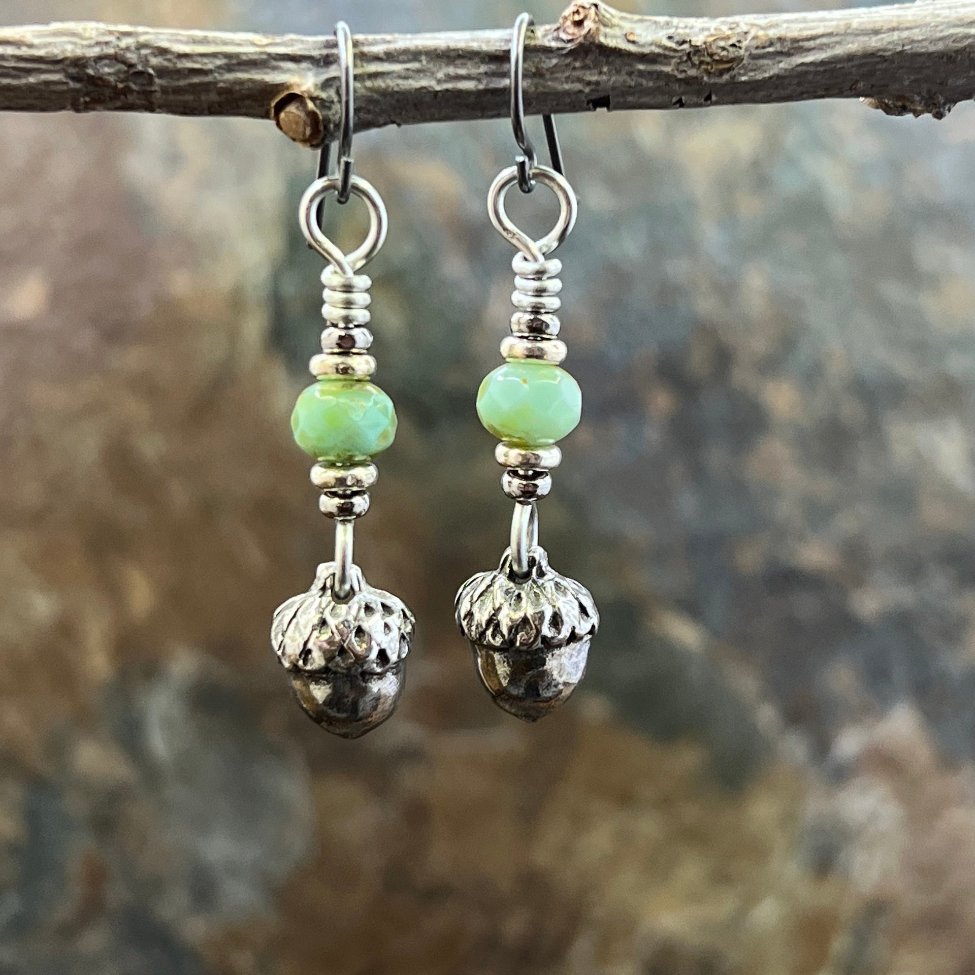 Acorn Sterling Silver Earrings, Hypoallergenic, Niobium Ear Wires, Czech Glass, Oak Tree Jewelry, Tiny Acorns, Druid, Earthy Woodland Gifts