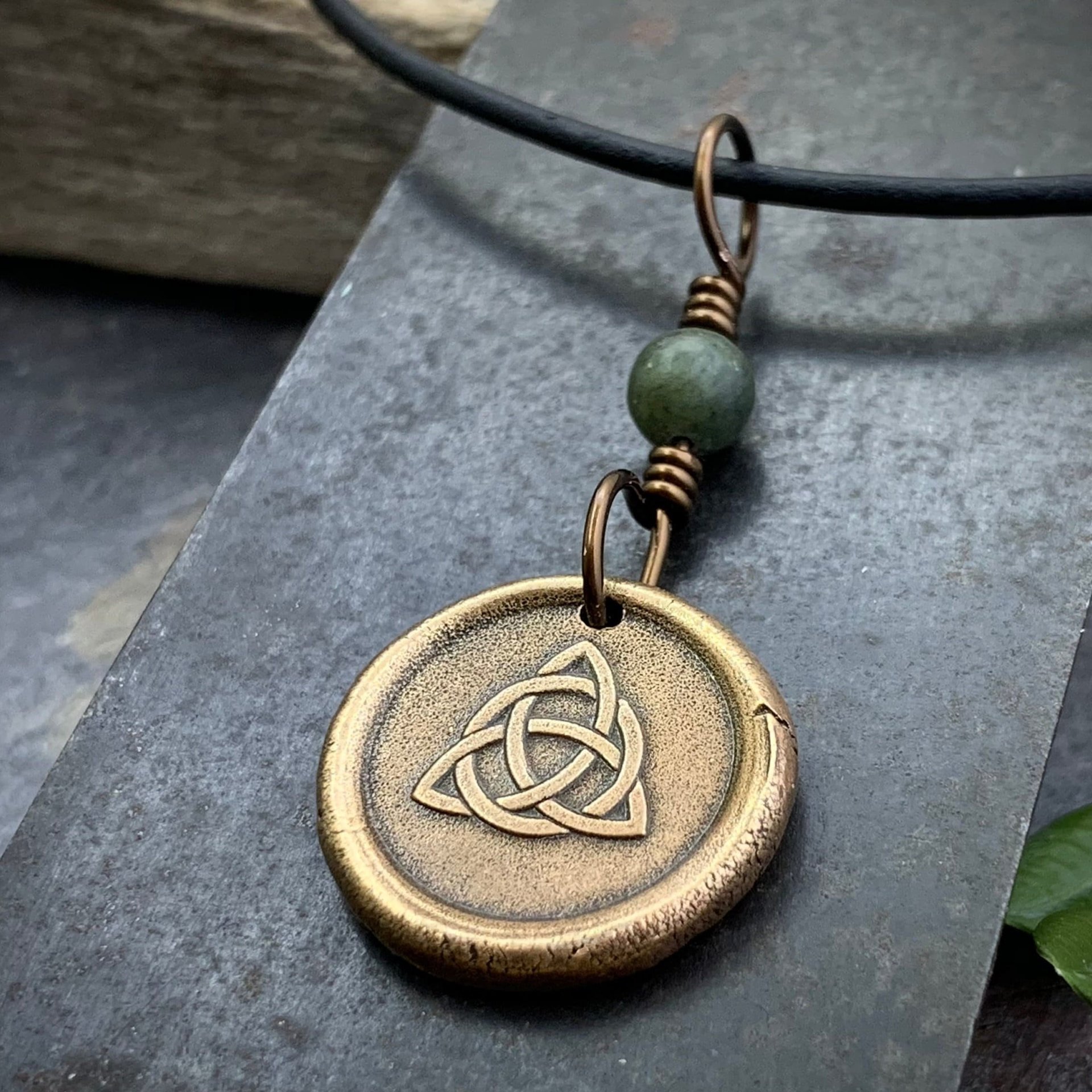 Bronze Trinity Knot, Triquetra, Wax Seal Charm, Connemara Marble, Irish Celtic Jewelry, Pagan, 8th Anniversary, Triple Goddess, Celtic Witch