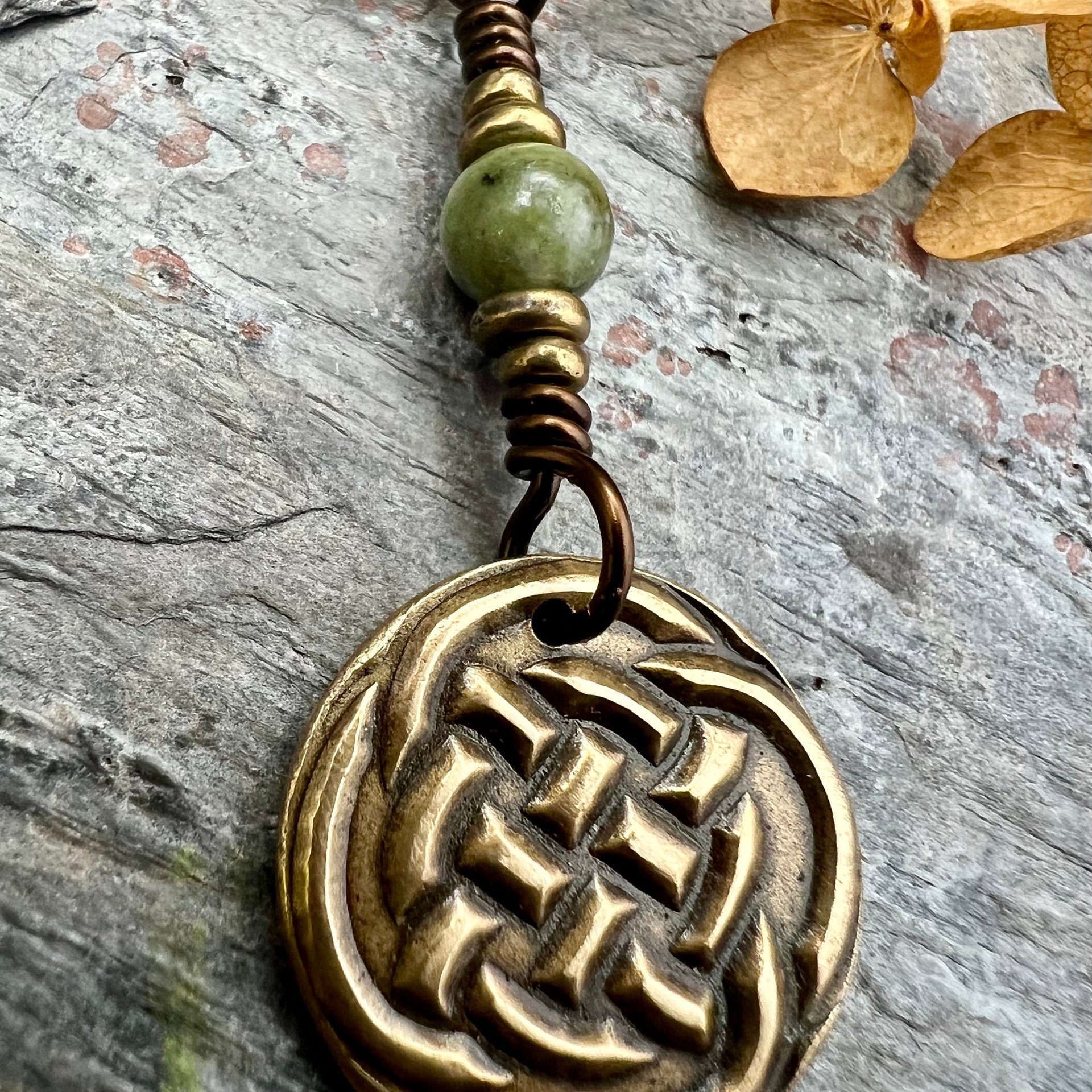 Celtic Knot Charm, Bronze Necklace, Wax Seal Charm, Connemara Marble, Irish Celtic Jewelry, Pagan, 8th Anniversary, Celtic Witch, Intertwine