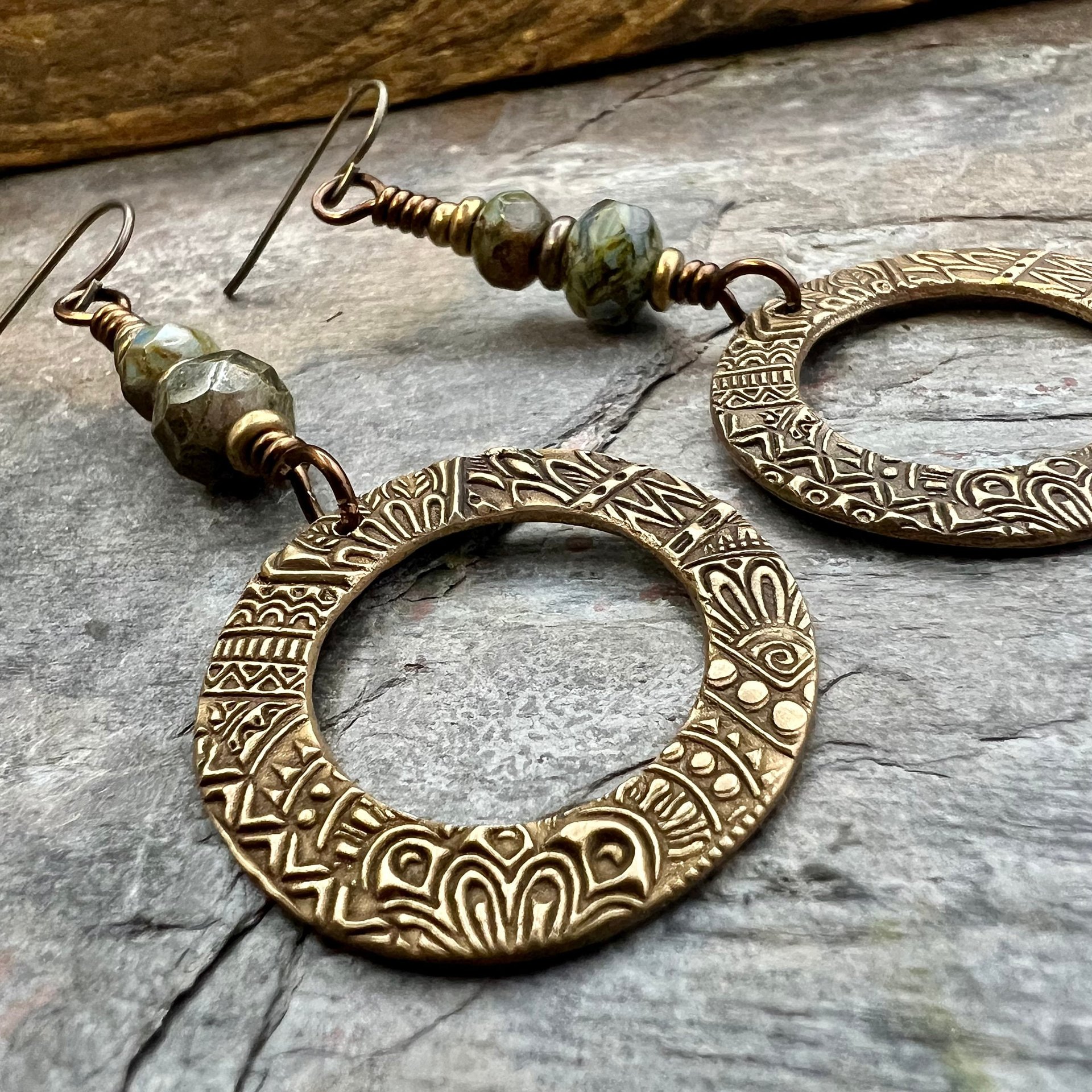 Bronze Hoop Earrings, Blue Green Czech Glass, Hypoallergenic Ear Wires, Earthy Boho Jewelry, Rustic, Tribal Textured, Dangle Drop Hoops