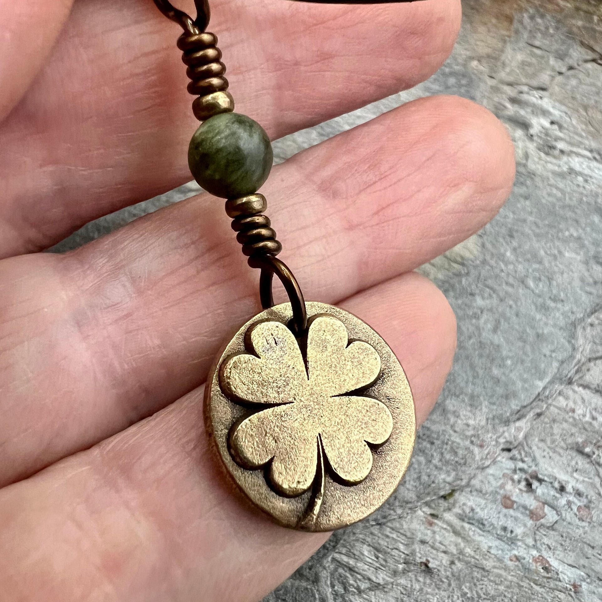 Four Leaf Clover, Bronze Necklace, Wax Seal Charm, Connemara Marble, Irish Celtic Jewelry, Lucky Charm, Celtic Witch, Irish Shamrock Luck