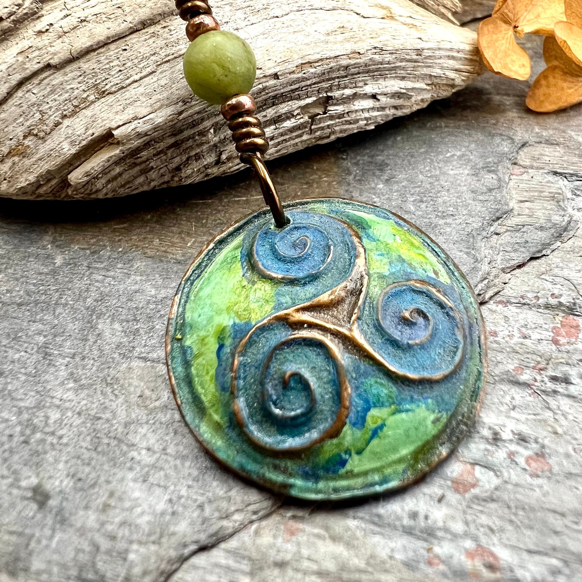 Triskele Pendant Triskelion Triple Spiral Copper Patina Irish Celtic Jewelry Connemara Marble Pagan Wicca Triple Goddess Charm