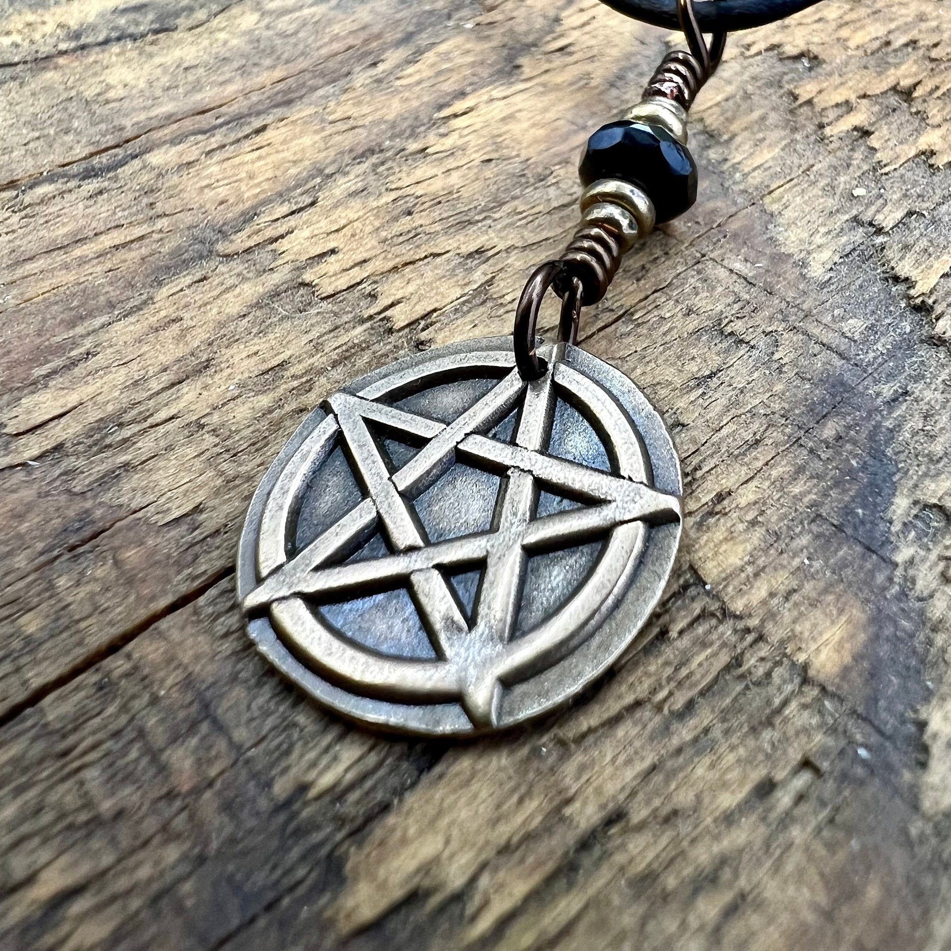 Pentagram Bronze Charm, Pentacle Pendant, Black Crystal Bead, Leather & Vegan Cords, Pagan Wicca, 5 Elements Star, Handmade, Witchy Things