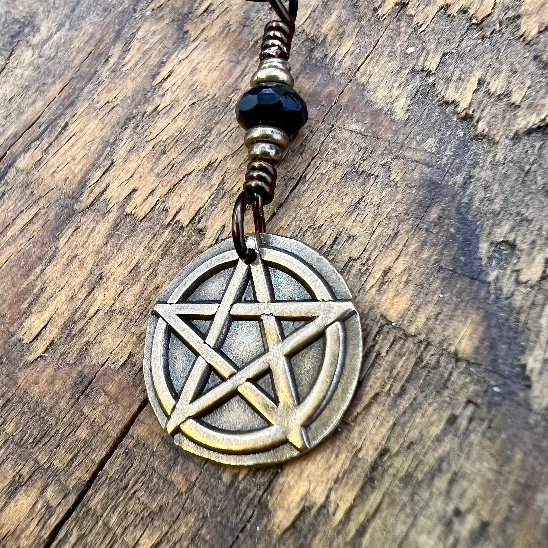 Pentagram Bronze Charm, Pentacle Pendant, Black Crystal Bead, Leather & Vegan Cords, Pagan Wicca, 5 Elements Star, Handmade, Witchy Things