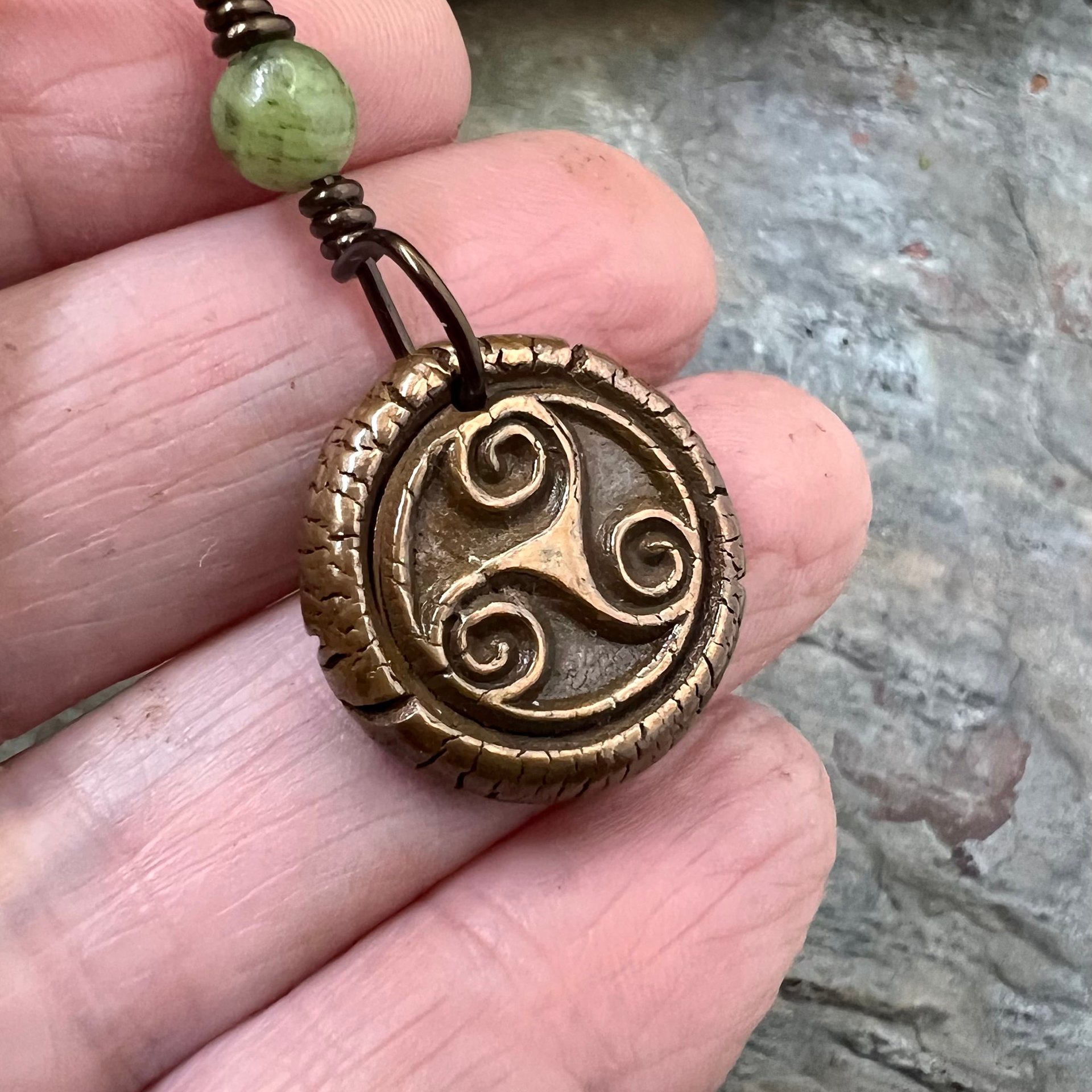 Triskele Charm, Copper Necklace, Wax Seal Charm, Connemara Marble, Irish Celtic Pagan, 7 Anniversary, Celtic Witch, Triskelion Triple Spiral