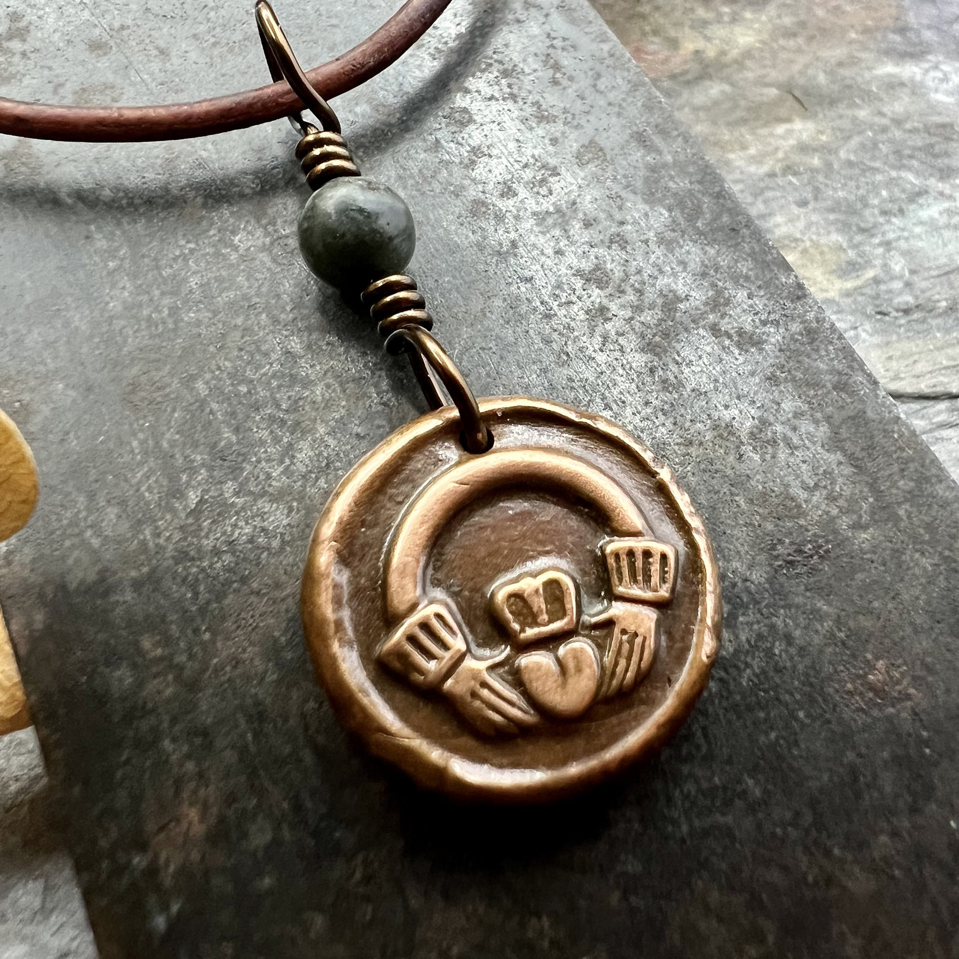 Copper Claddagh Charm, Wax Seal Charm, Kilkenny Marble, Irish Celtic Jewelry, Pagan, 7th Anniversary, Love, Friendship, Loyalty, Handmade
