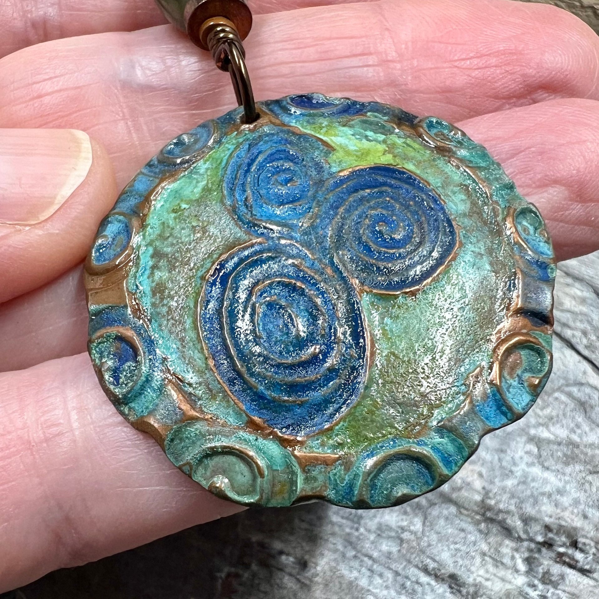 Newgrange Spirals, Copper Pendant, Connemara Marble, Triple Spiral, Irish Celtic Jewelry, Verdigris Patina, Blue Green Copper, Pagan Witch