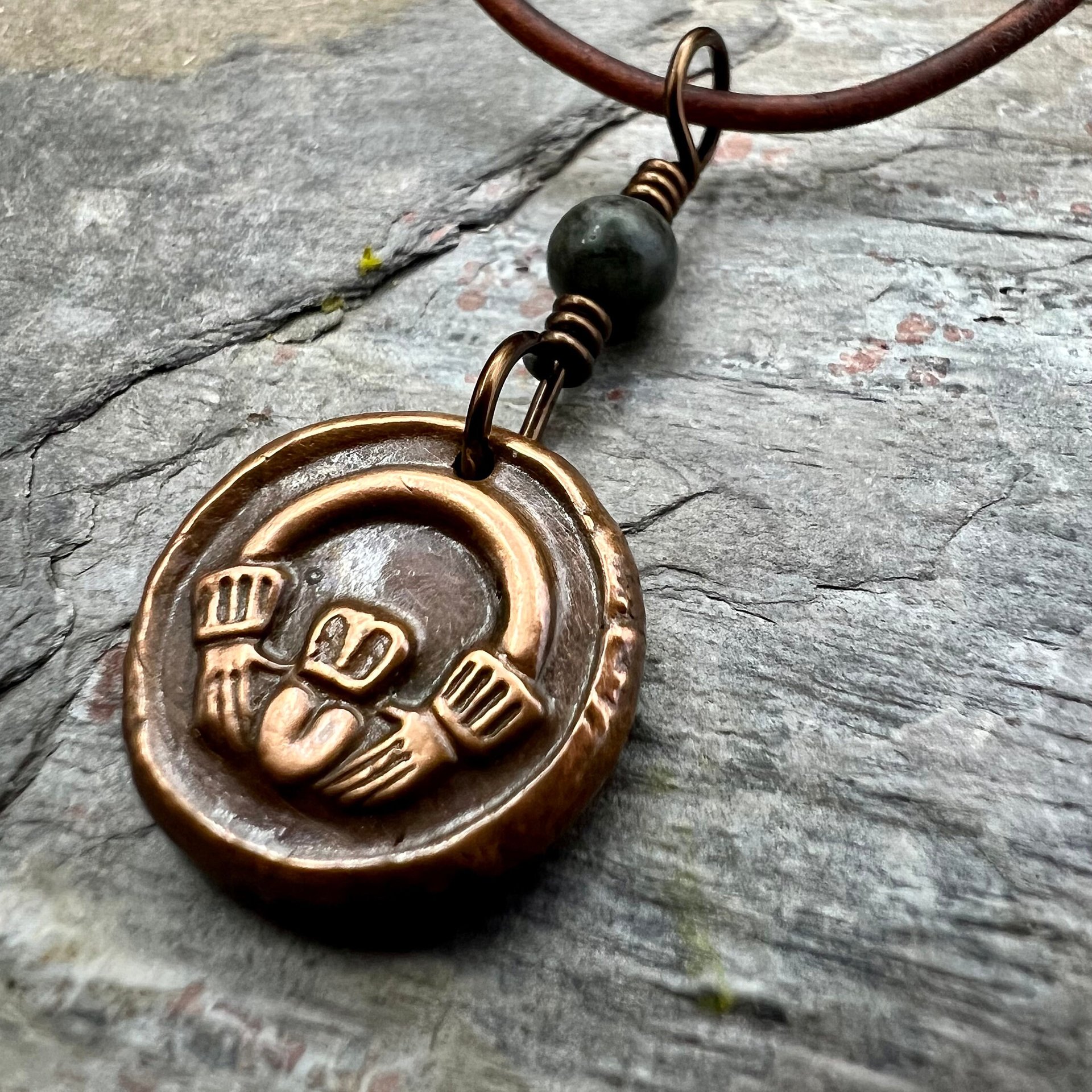 Copper Claddagh Charm, Wax Seal Charm, Kilkenny Marble, Irish Celtic Jewelry, Pagan, 7th Anniversary, Love, Friendship, Loyalty, Handmade
