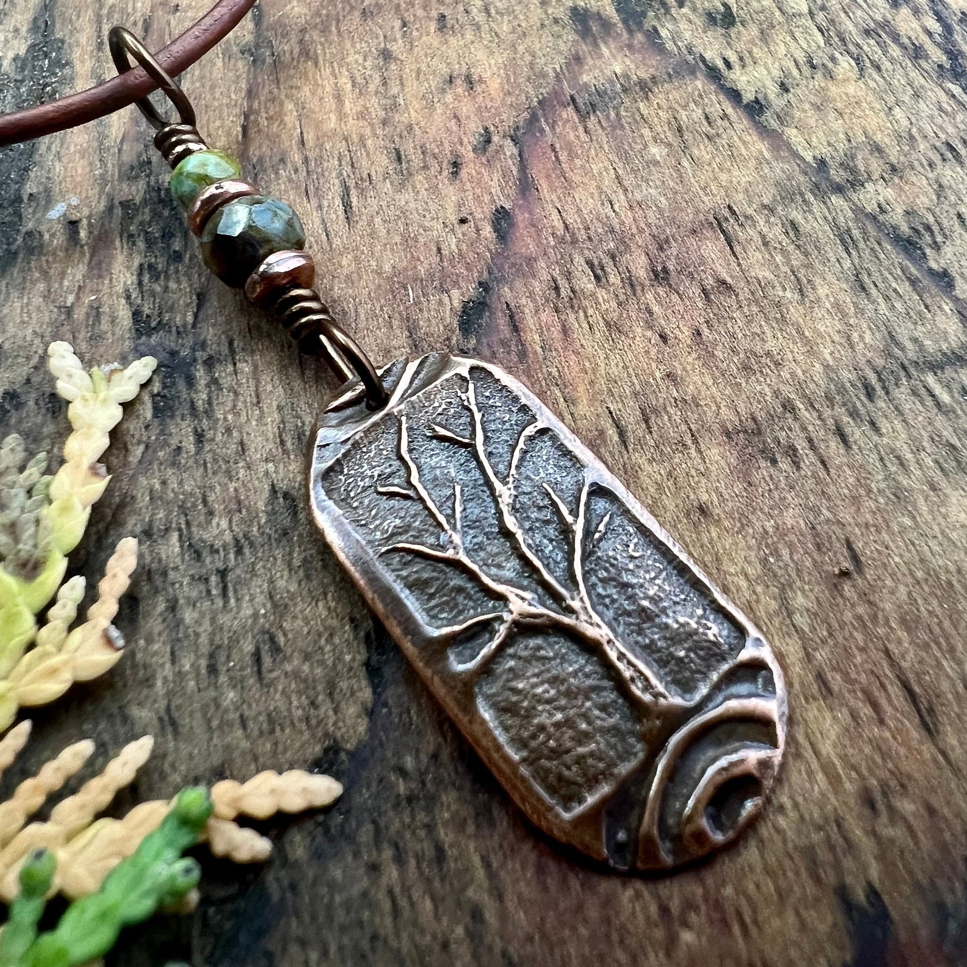Copper Tree Pendant, Irish Celtic Spirals, One Tree, Czech Glass Beads, Leather & Vegan Cords, Earthy Rustic Jewelry, Tree Branches Roots