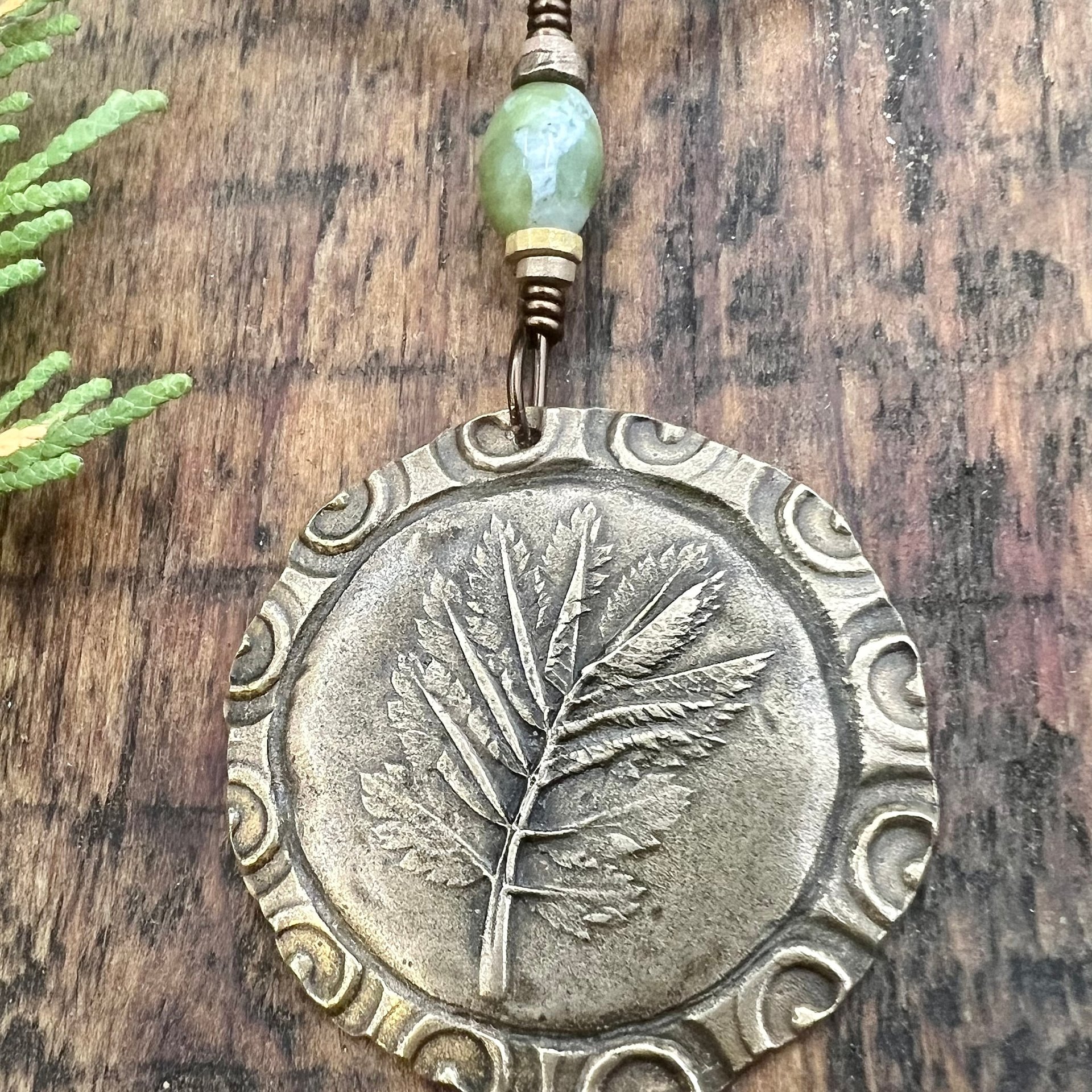 Rowan Leaf Bronze Pendant, Connemara Marble Necklace, Irish Celtic Spirals, Sacred Celtic Tree Astrology, Leather Vegan Cords, Pagan Druid