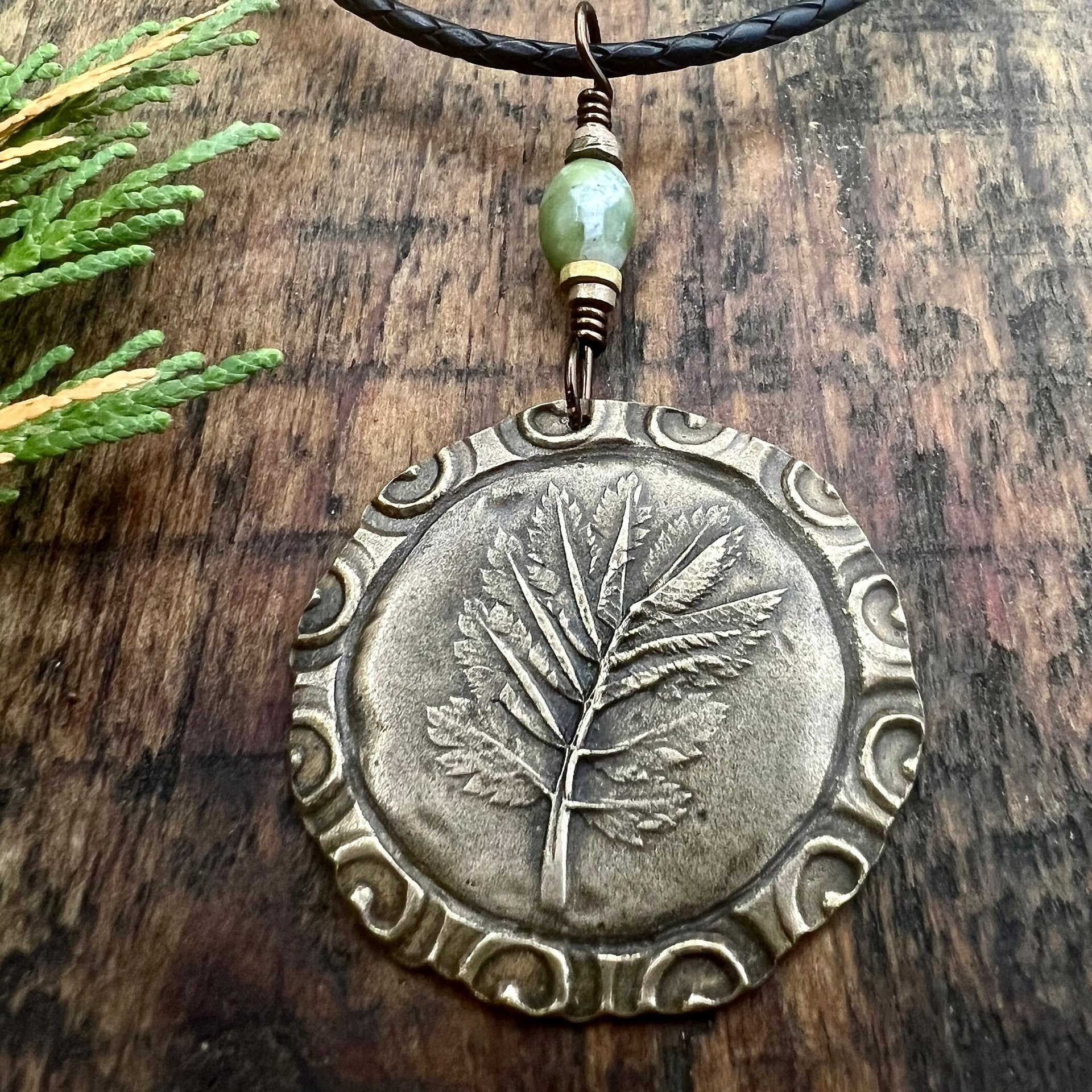 Rowan Leaf Bronze Pendant, Connemara Marble Necklace, Irish Celtic Spirals, Sacred Celtic Tree Astrology, Leather Vegan Cords, Pagan Druid