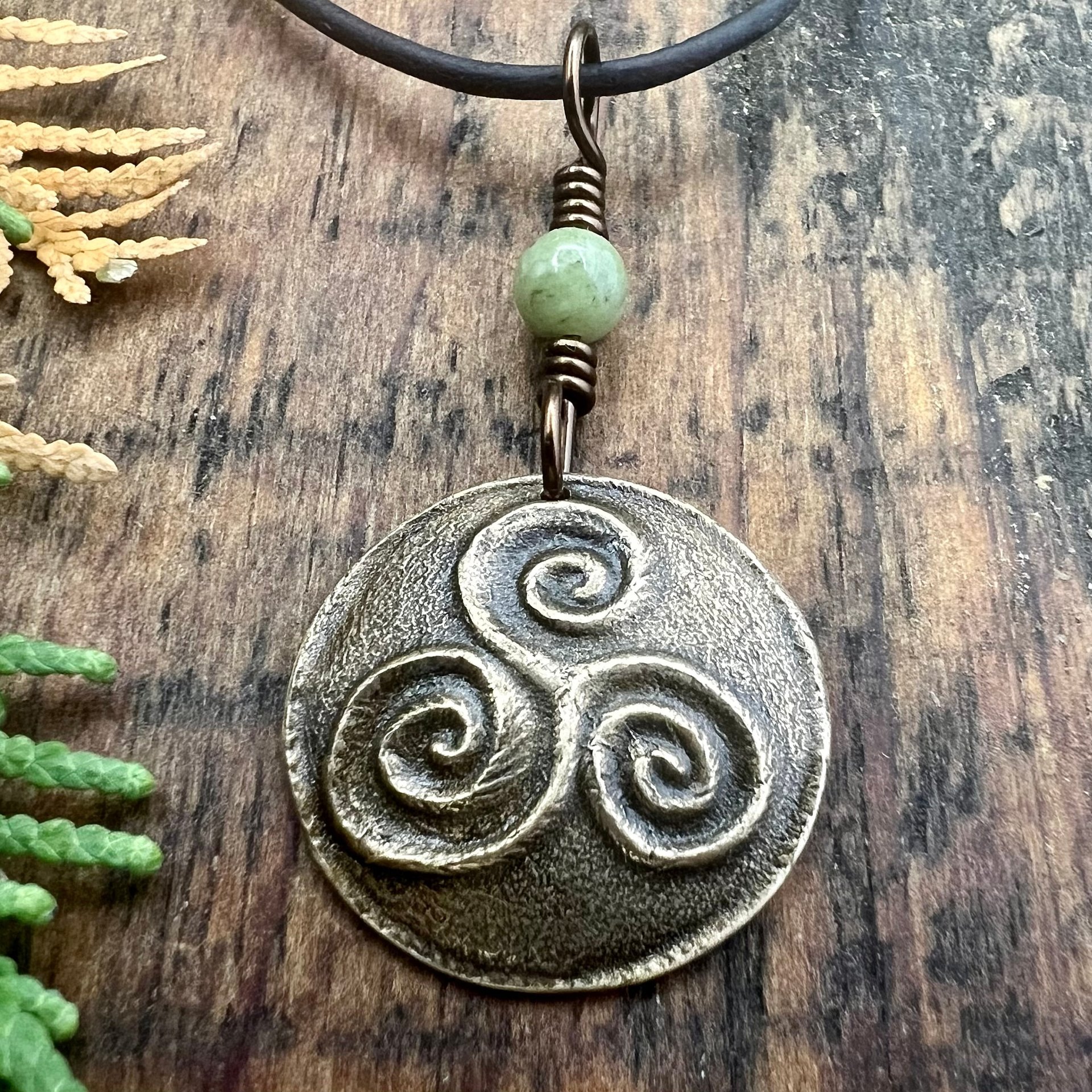 Triskele Bronze Charm, Triskelion Triple Spirals, Connemara Marble, Irish Celtic, Newgrange Spirals, Celtic Witch Goddess, Hand Carved Art