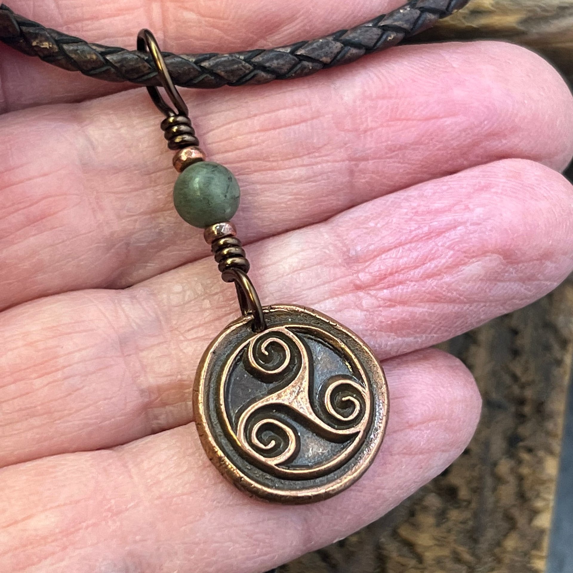 Triskele Charm, Copper Necklace, Wax Seal Charm, Connemara Marble, Irish Celtic Pagan, 7 Anniversary, Celtic Witch, Triskelion Triple Spiral