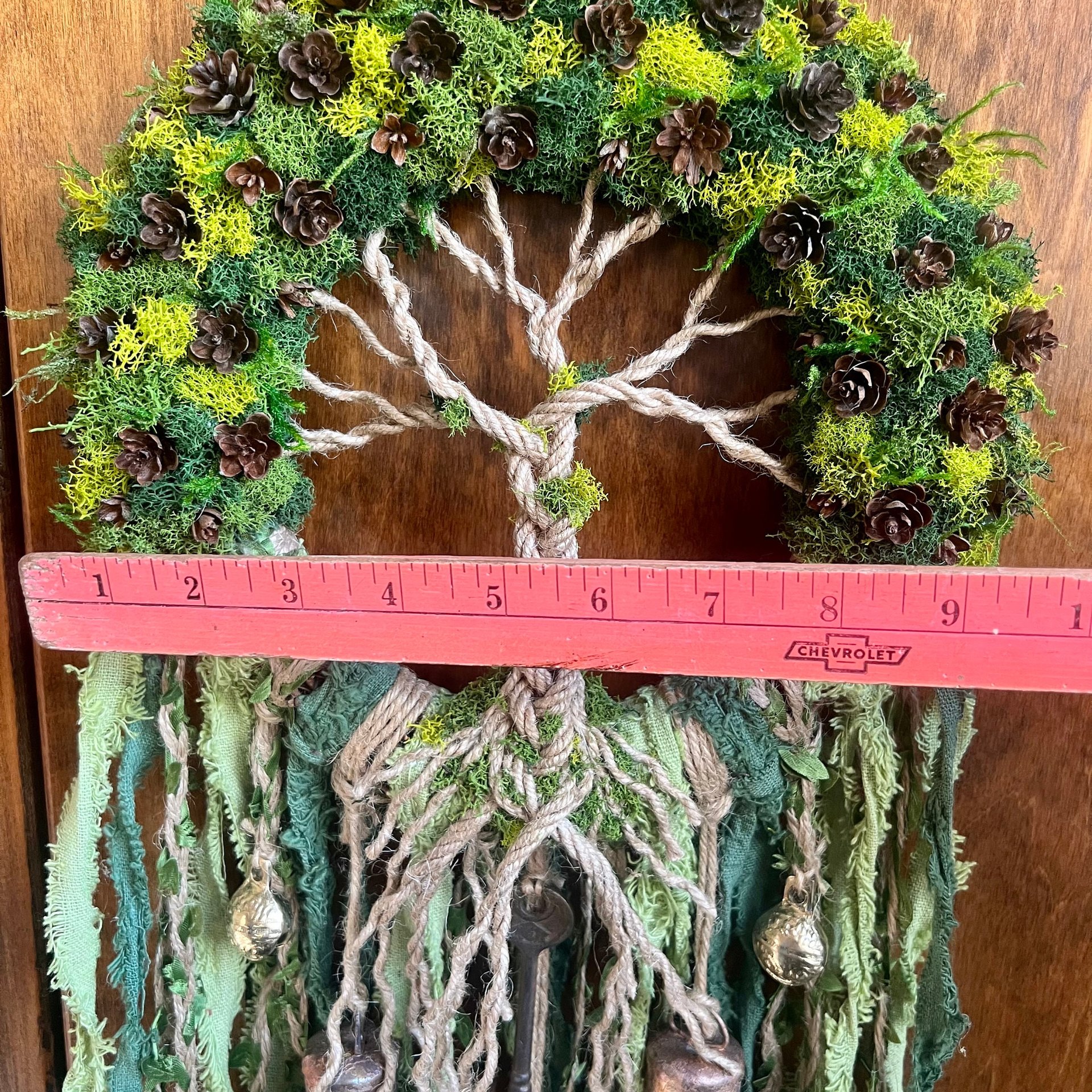 Tree of Life Witch Bells, 9 Inch Mossy Wreath, Spring Ostara Decor, Housewarming Gifts, Spirit Altar Bells, Earthy Pagan, MADE TO ORDER