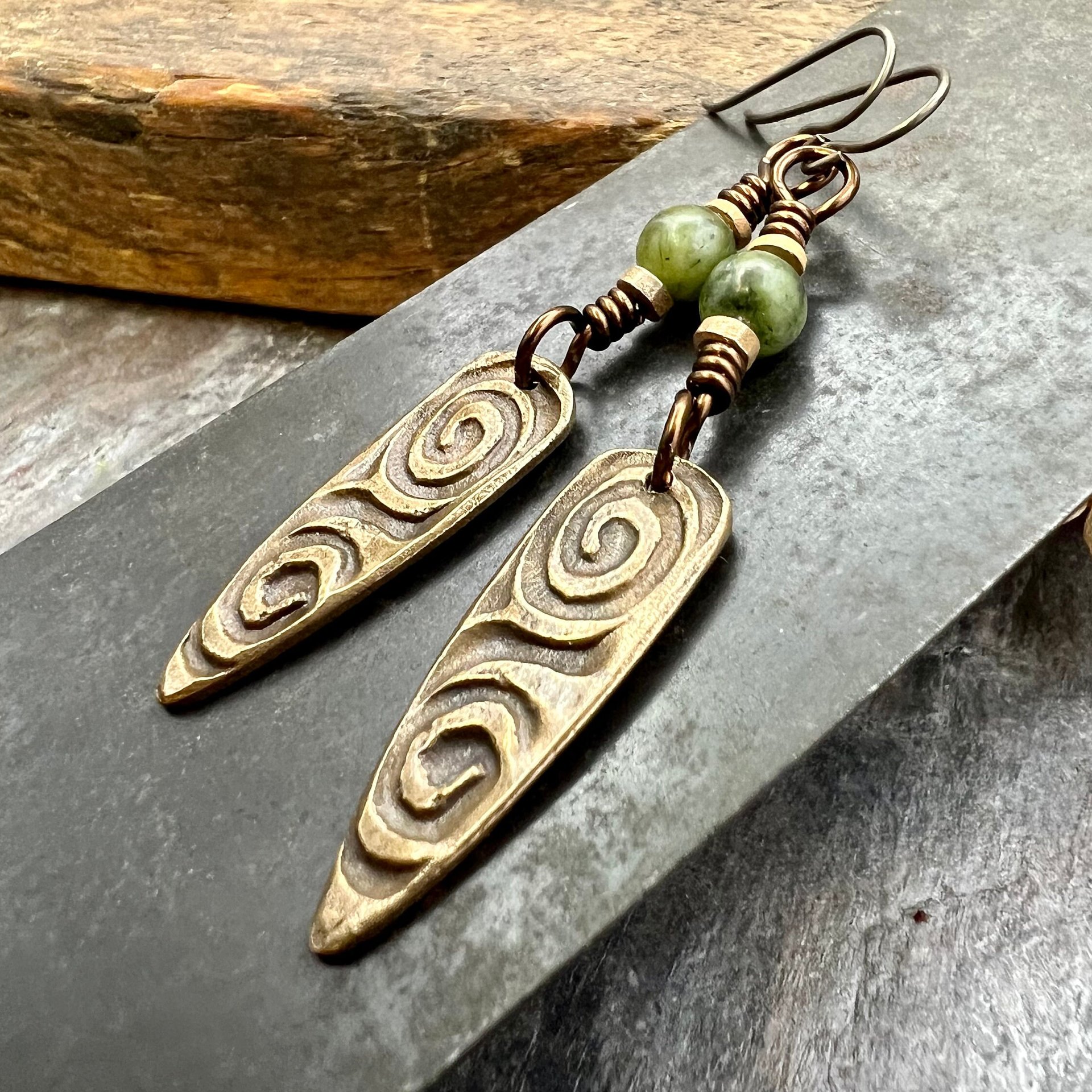 Bronze Shield Earrings, Irish Celtic Spiral, Connemara Marble, Hypoallergenic Ear Wires, Dagger Teardrop, Tribal Earthy Jewelry, Handmade