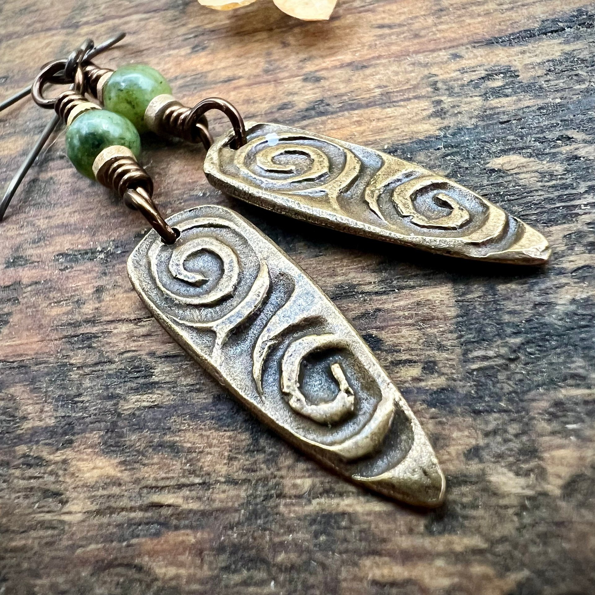 Bronze Shield Earrings, Irish Celtic Spiral, Connemara Marble, Hypoallergenic Ear Wires, Dagger Teardrop, Tribal Earthy Jewelry, Handmade