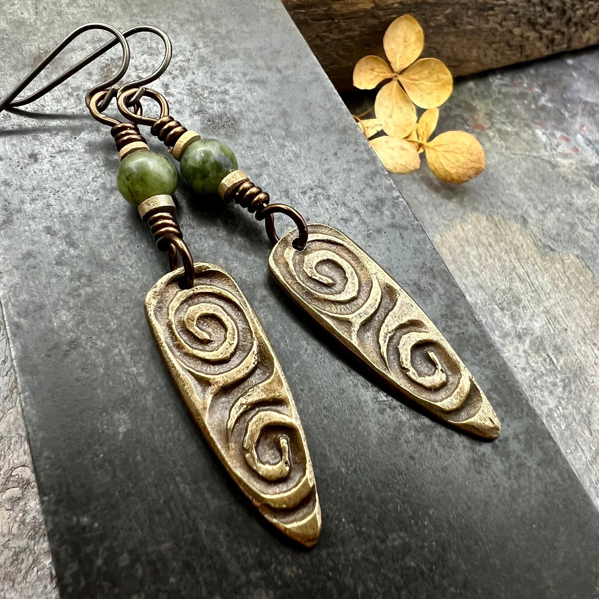 Bronze Shield Earrings, Irish Celtic Spiral, Connemara Marble, Hypoallergenic Ear Wires, Dagger Teardrop, Tribal Earthy Jewelry, Handmade