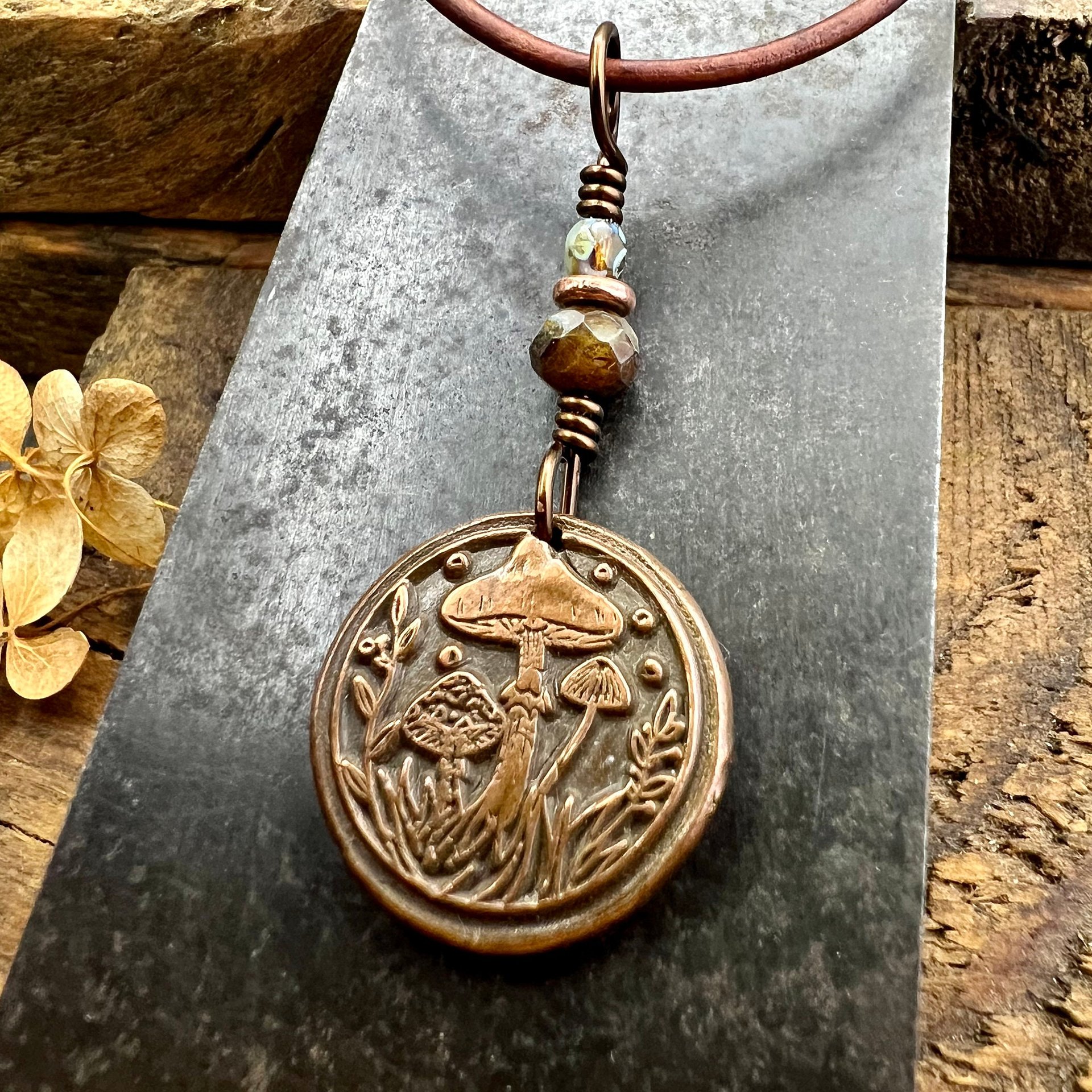 Mushroom Copper Pendant, Wax Seal Charm, Czech Glass Beads, Green Witch Jewelry, Earthy Rustic, Fungi Necklace, Leather and Vegan Cords