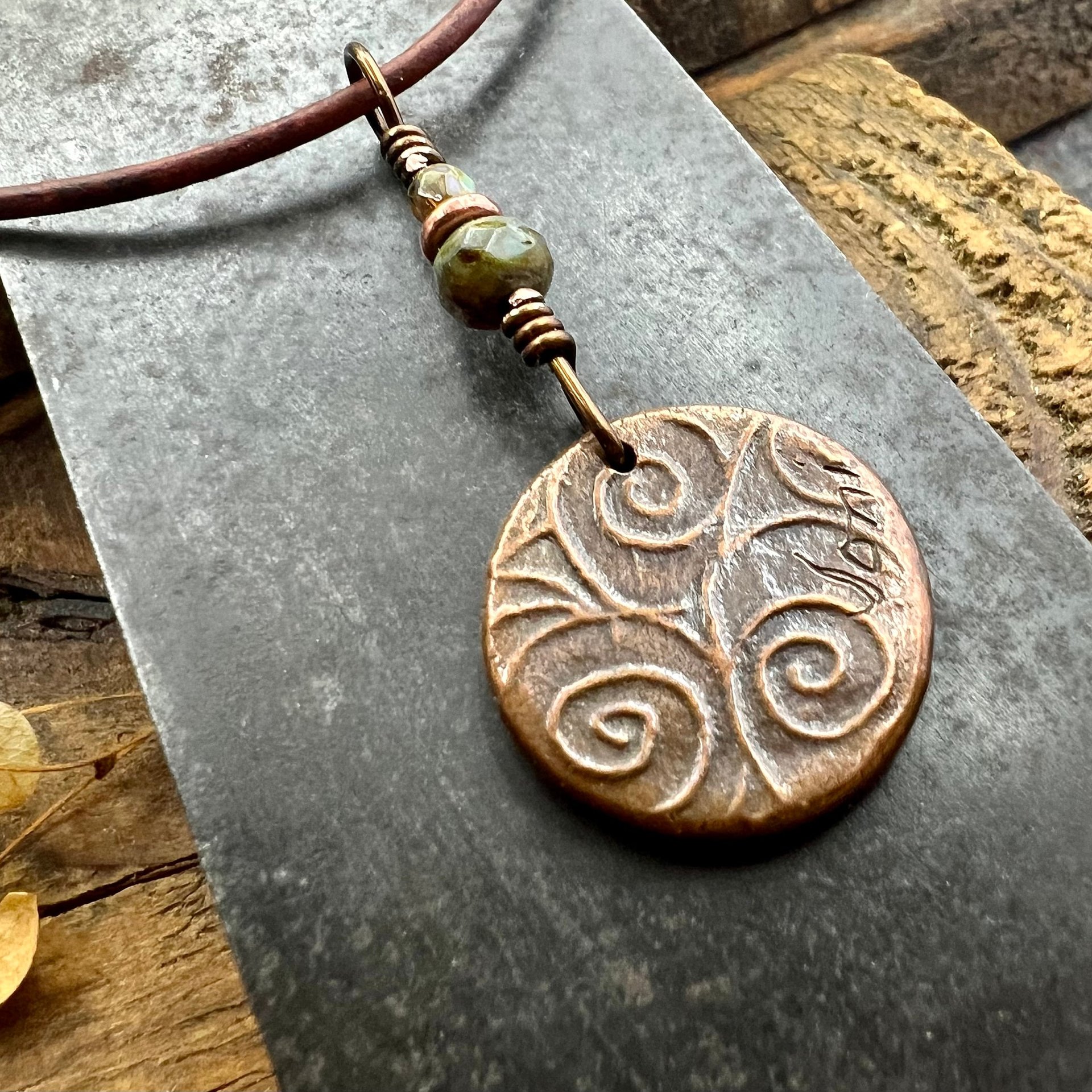 Mushroom Copper Pendant, Wax Seal Charm, Czech Glass Beads, Green Witch Jewelry, Earthy Rustic, Fungi Necklace, Leather and Vegan Cords