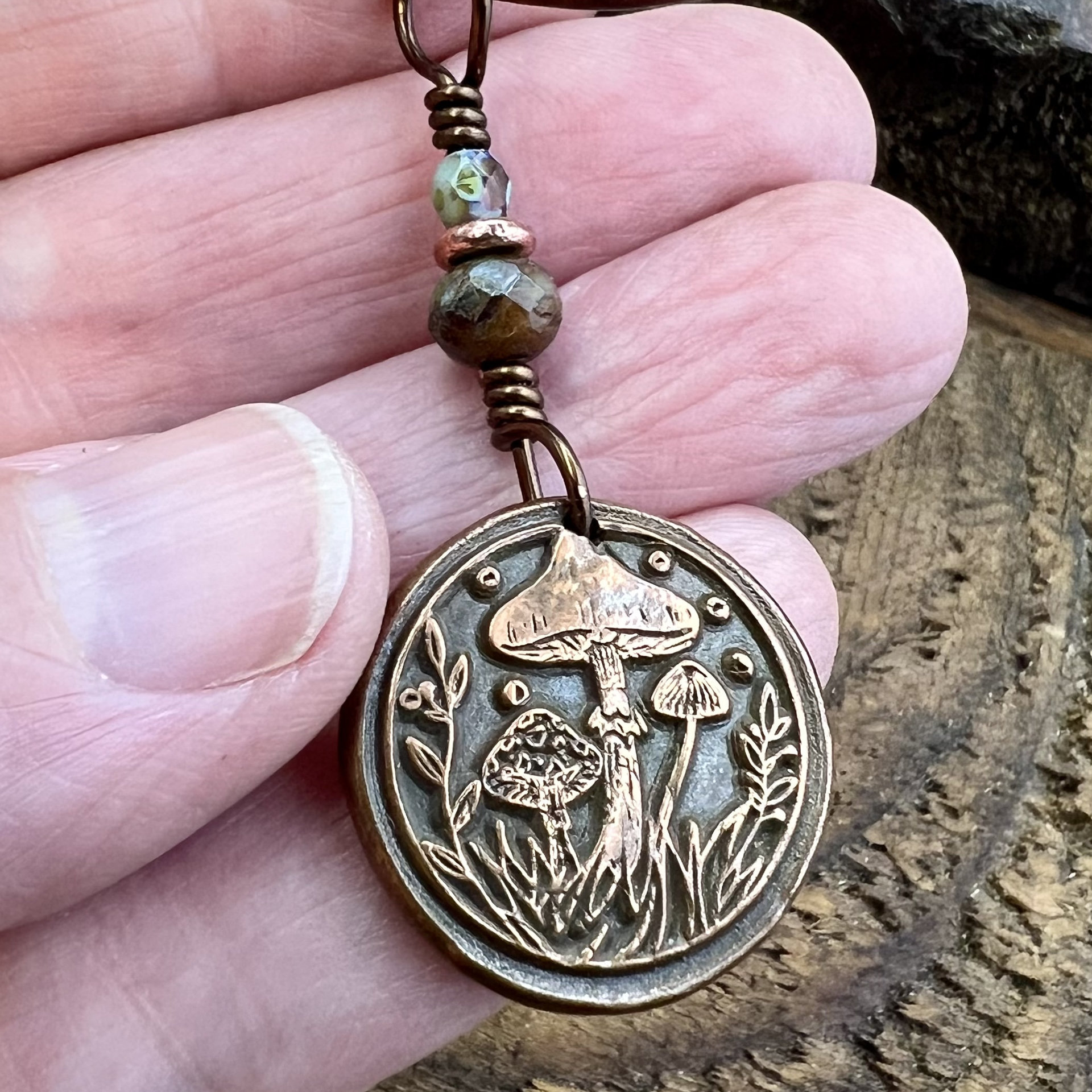 Mushroom Copper Pendant, Wax Seal Charm, Czech Glass Beads, Green Witch Jewelry, Earthy Rustic, Fungi Necklace, Leather and Vegan Cords