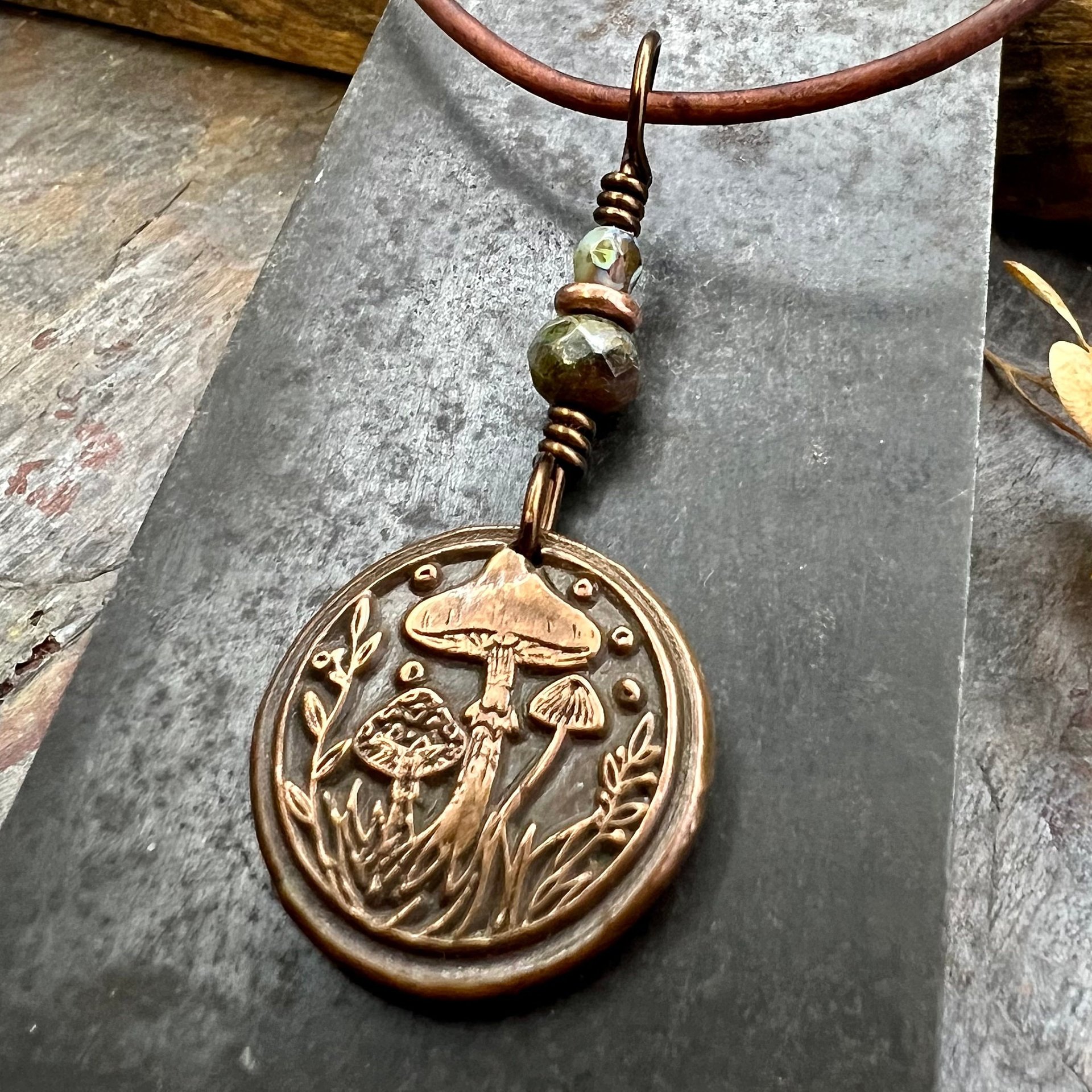 Mushroom Copper Pendant, Wax Seal Charm, Czech Glass Beads, Green Witch Jewelry, Earthy Rustic, Fungi Necklace, Leather and Vegan Cords