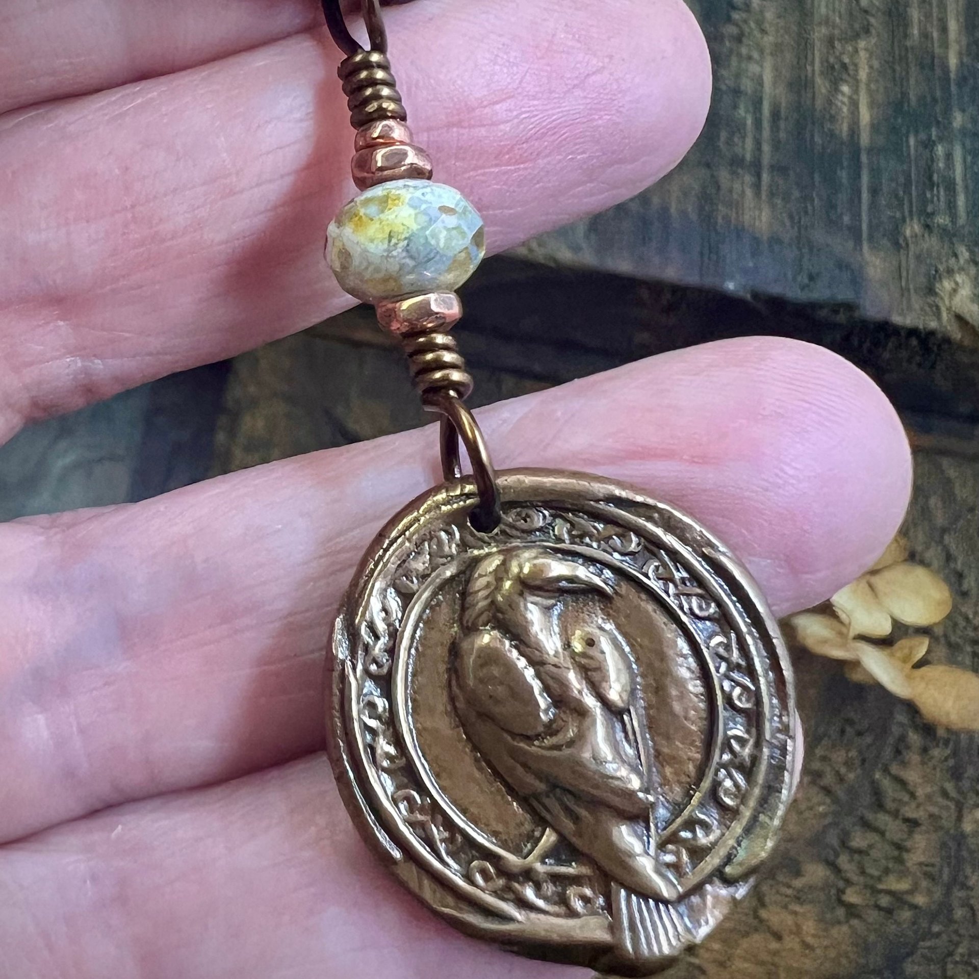 Raven Copper Pendant, Irish Celtic, Czech Glass, Leather & Vegan Cords, Corvids Bird Lovers, Handmade Art Jewelry, Celtic Witch, Messengers