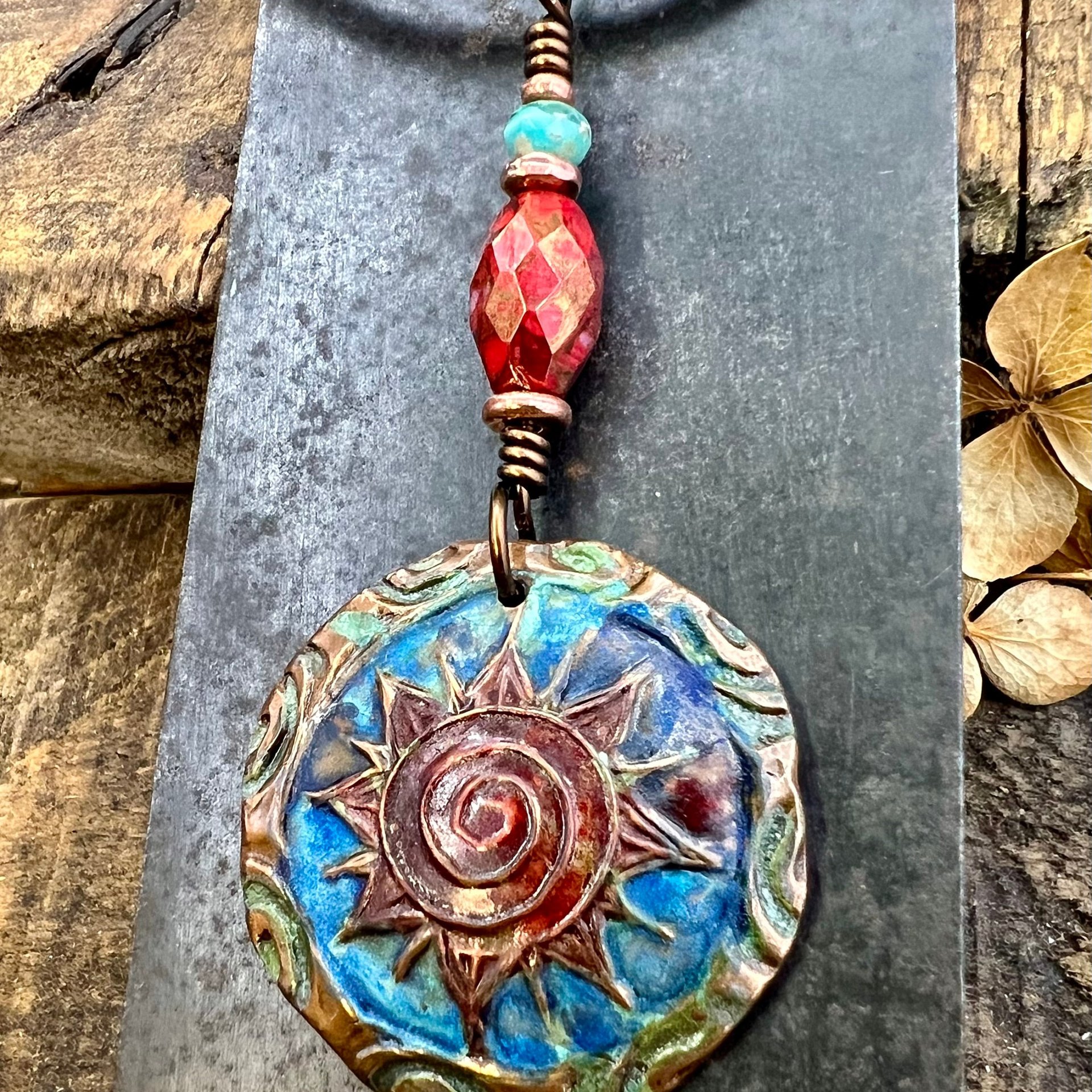 Celtic Sun Spiral Necklace, Copper Patina Pendant, Czech Glass Beads, Irish Celtic Spirals, Colorful Sun, Blue Red, Pagan Celtic Witch Gift