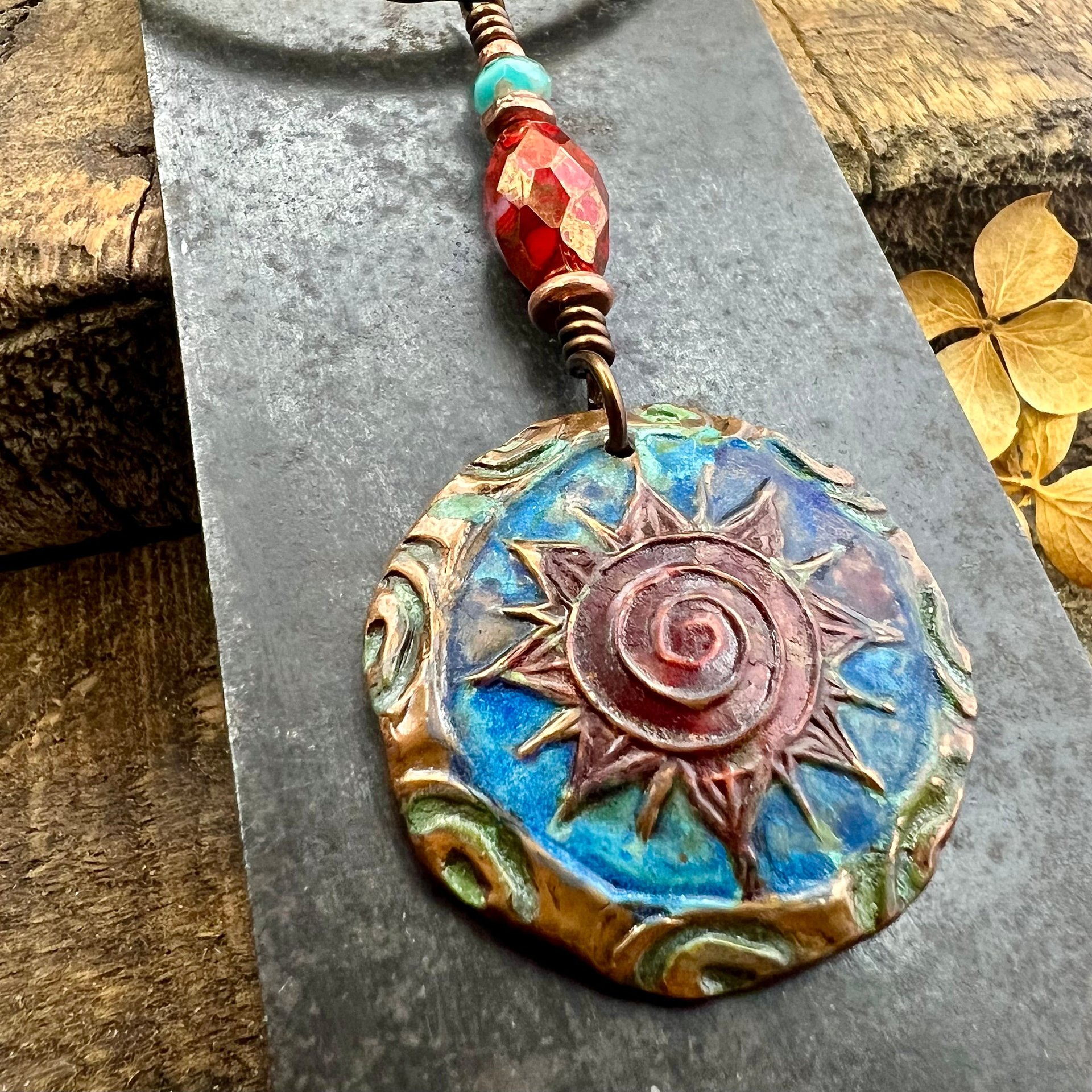 Celtic Sun Spiral Necklace, Copper Patina Pendant, Czech Glass Beads, Irish Celtic Spirals, Colorful Sun, Blue Red, Pagan Celtic Witch Gift