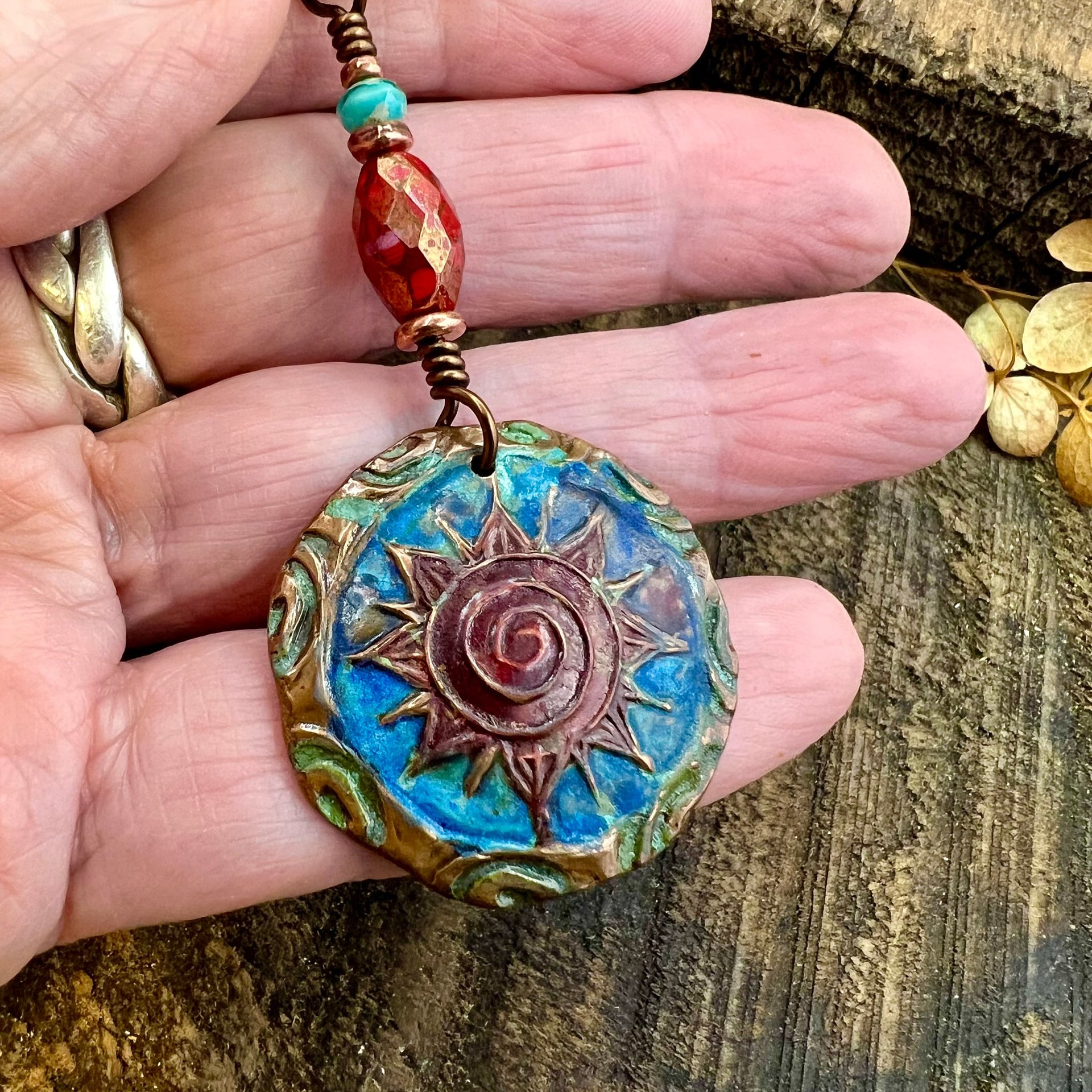 Celtic Sun Spiral Necklace, Copper Patina Pendant, Czech Glass Beads, Irish Celtic Spirals, Colorful Sun, Blue Red, Pagan Celtic Witch Gift