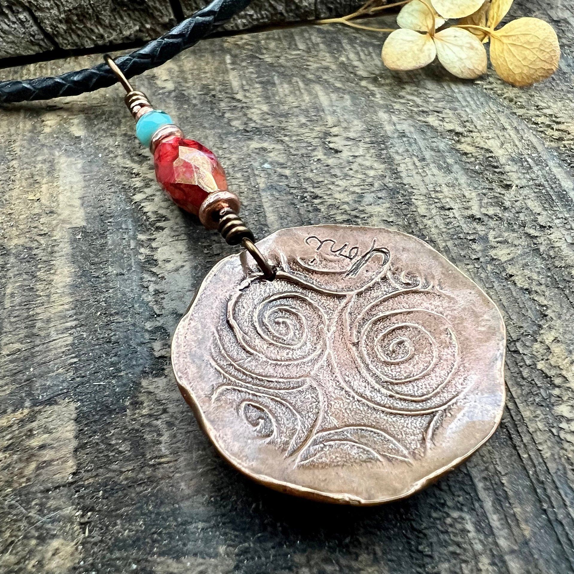 Celtic Sun Spiral Necklace, Copper Patina Pendant, Czech Glass Beads, Irish Celtic Spirals, Colorful Sun, Blue Red, Pagan Celtic Witch Gift