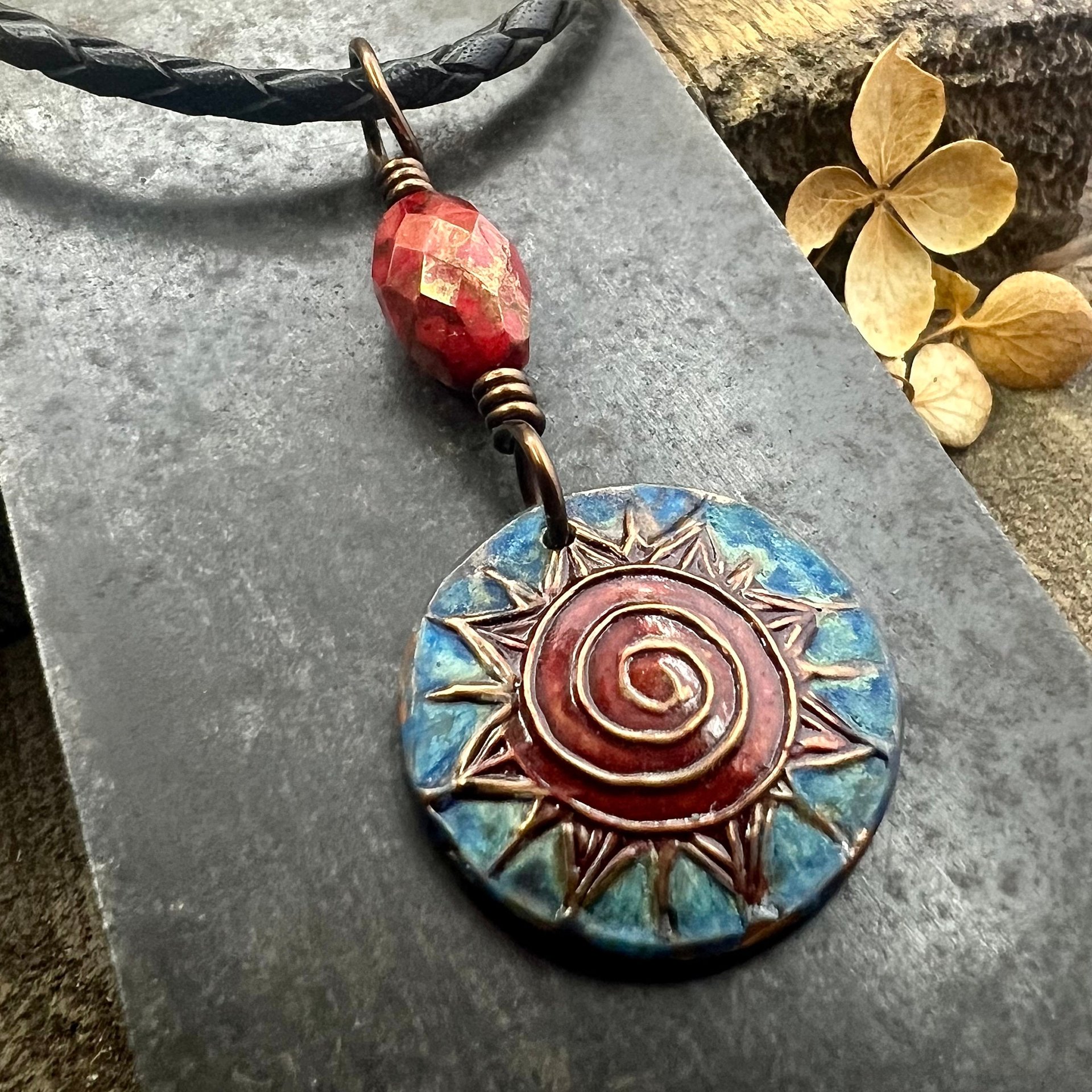 Celtic Sun Spiral Necklace, Copper Patina Pendant, Czech Glass Beads, Irish Celtic Spirals, Colorful Sun, Summer Jewelry, Pagan Celtic Witch