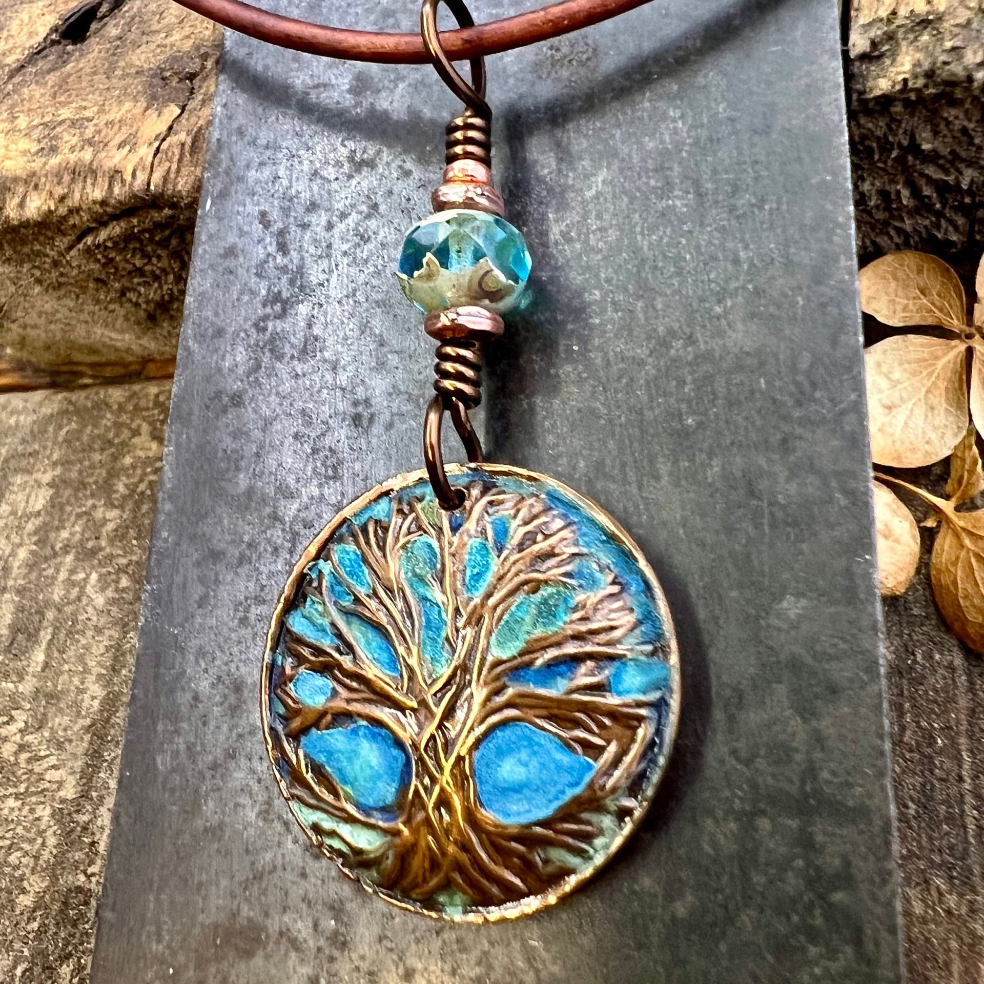 Tree of Life Pendant, Copper Colorful Patina, Connemara Marble, Hand Carved, Irish Celtic Spirals, Celtic Witch Goddess, Ancient Earthy Art