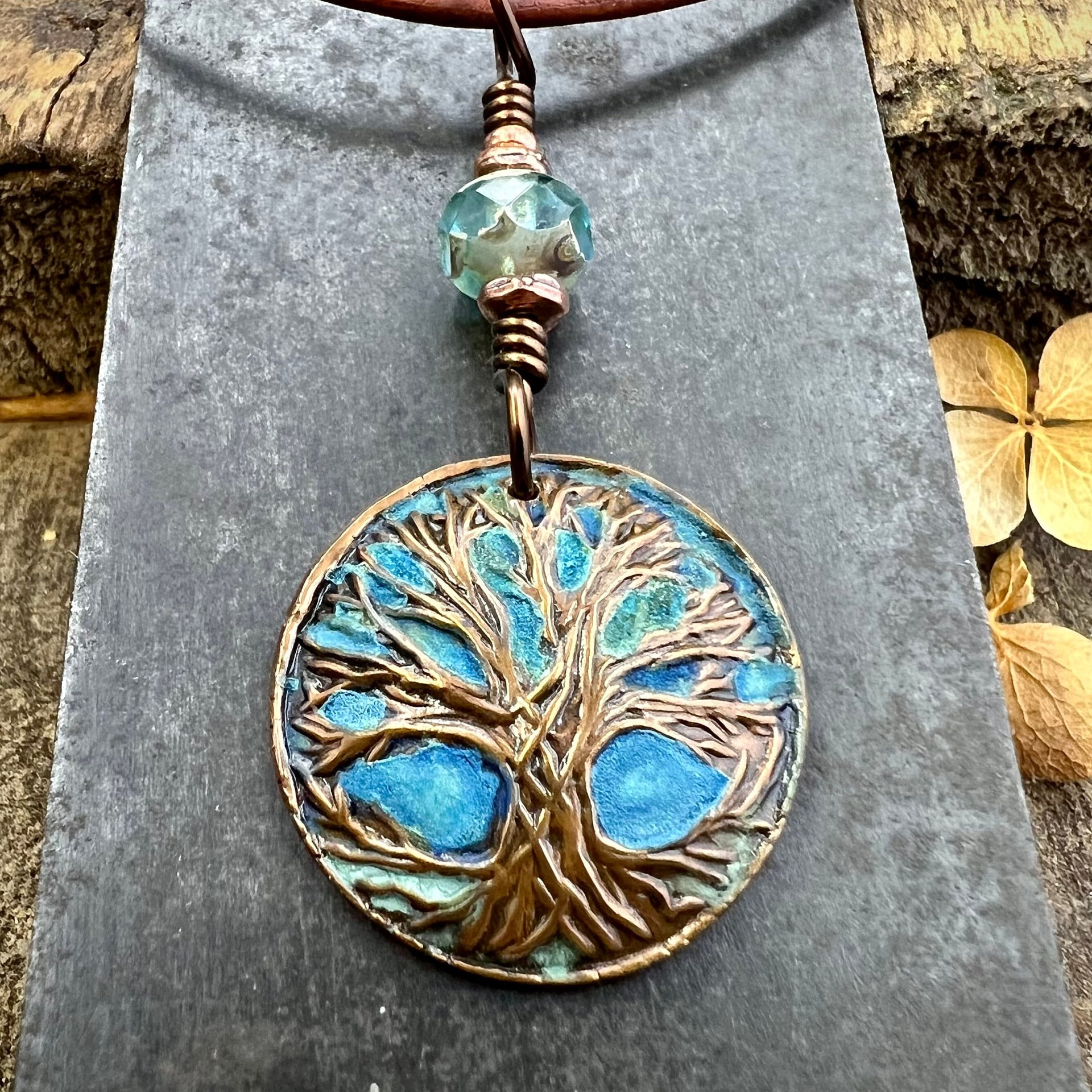 Tree of Life Pendant, Copper Colorful Patina, Connemara Marble, Hand Carved, Irish Celtic Spirals, Celtic Witch Goddess, Ancient Earthy Art