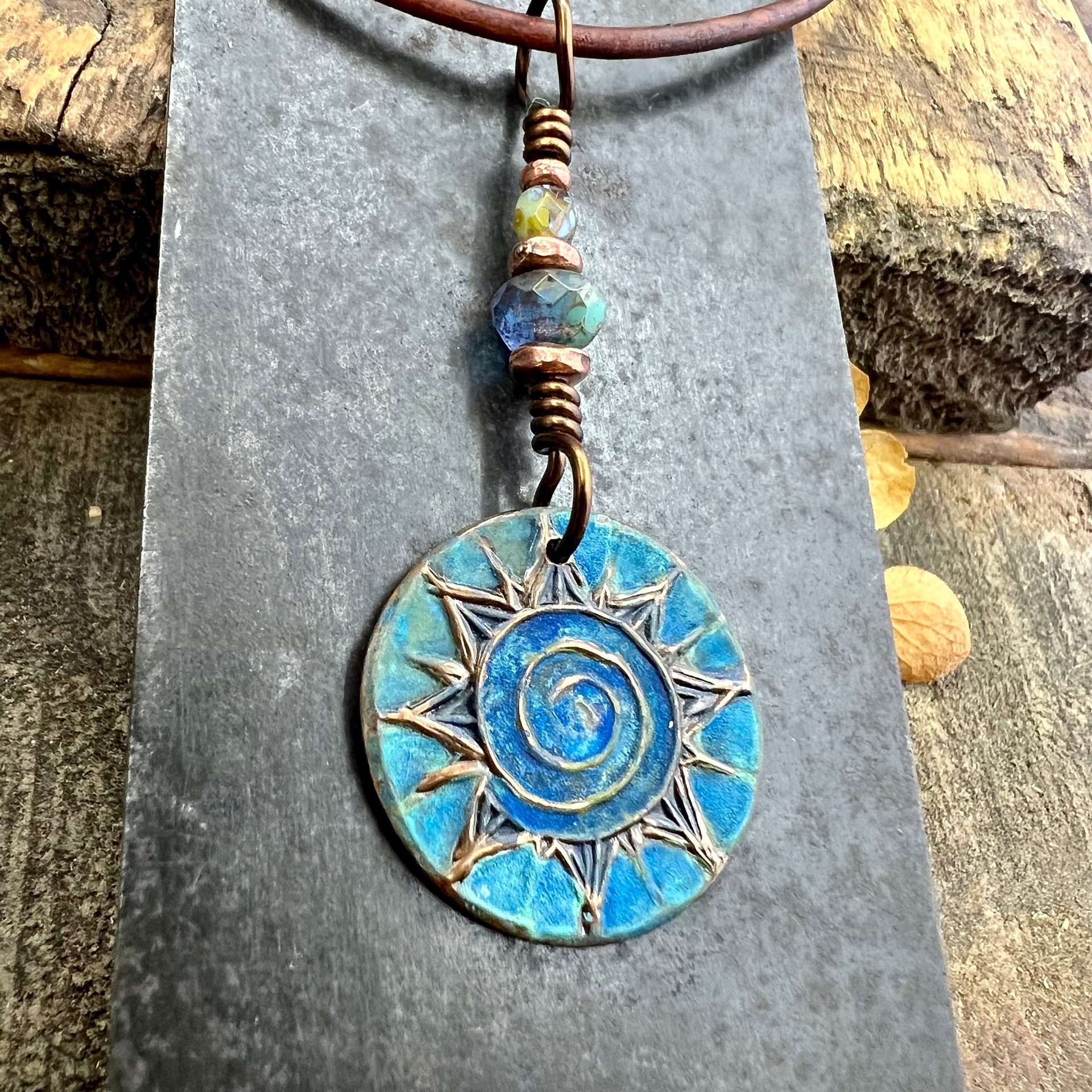 Celtic Sun Spiral Necklace, Copper Patina Pendant, Czech Glass Beads, Irish Celtic Spirals, Colorful Sun, Summer Jewelry, Pagan Celtic Witch