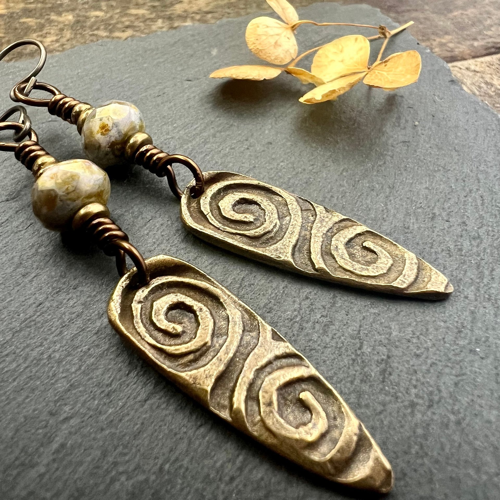 Bronze Shield Earrings, Celtic Spiral Texture, Czech Glass Beads, Hypoallergenic Ear Wires, Light Dangle Earrings, Teardrop Shield, Handmade