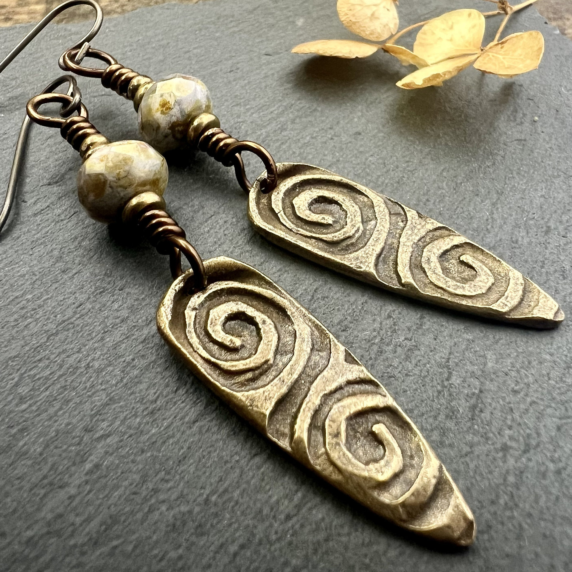 Bronze Shield Earrings, Celtic Spiral Texture, Czech Glass Beads, Hypoallergenic Ear Wires, Light Dangle Earrings, Teardrop Shield, Handmade