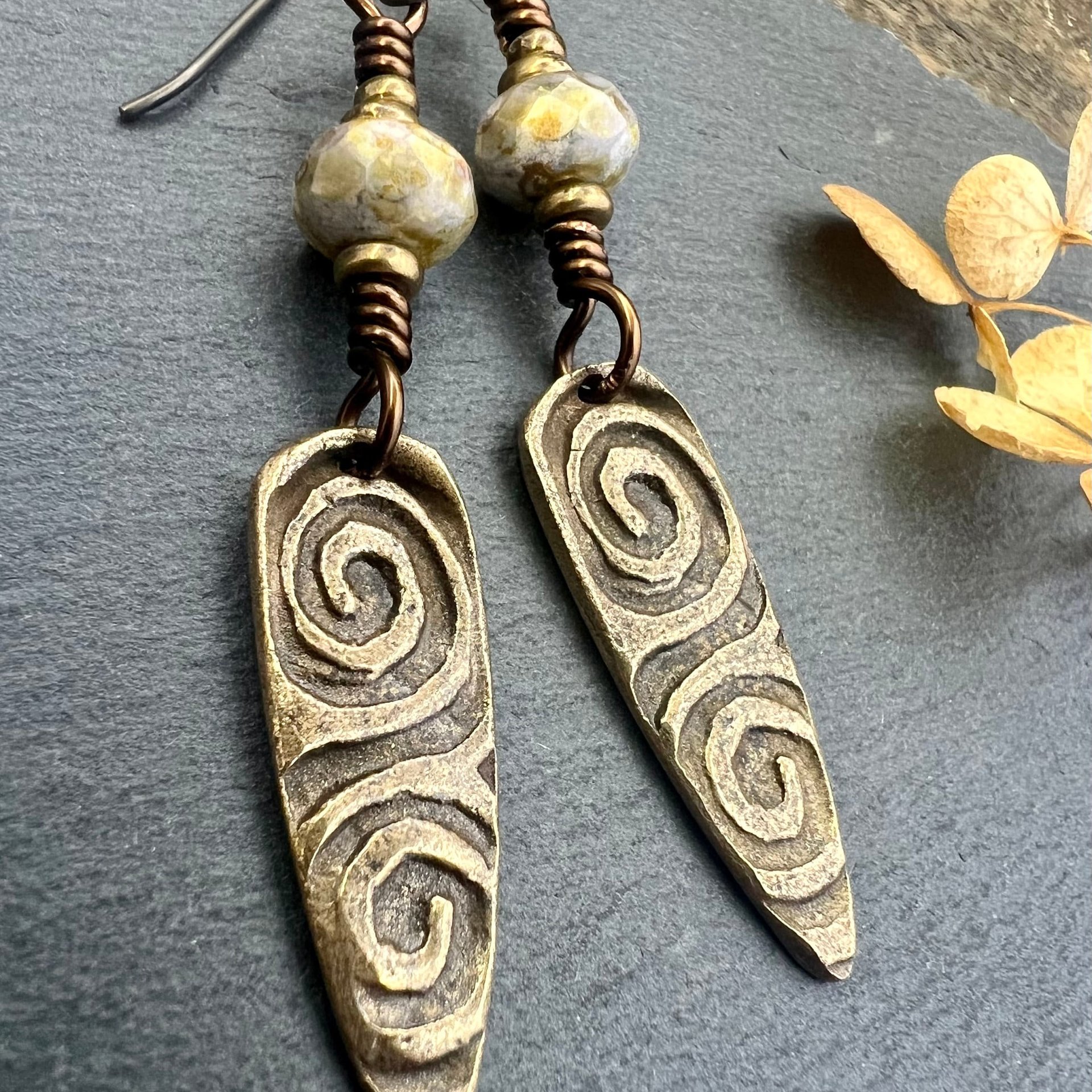 Bronze Shield Earrings, Celtic Spiral Texture, Czech Glass Beads, Hypoallergenic Ear Wires, Light Dangle Earrings, Teardrop Shield, Handmade