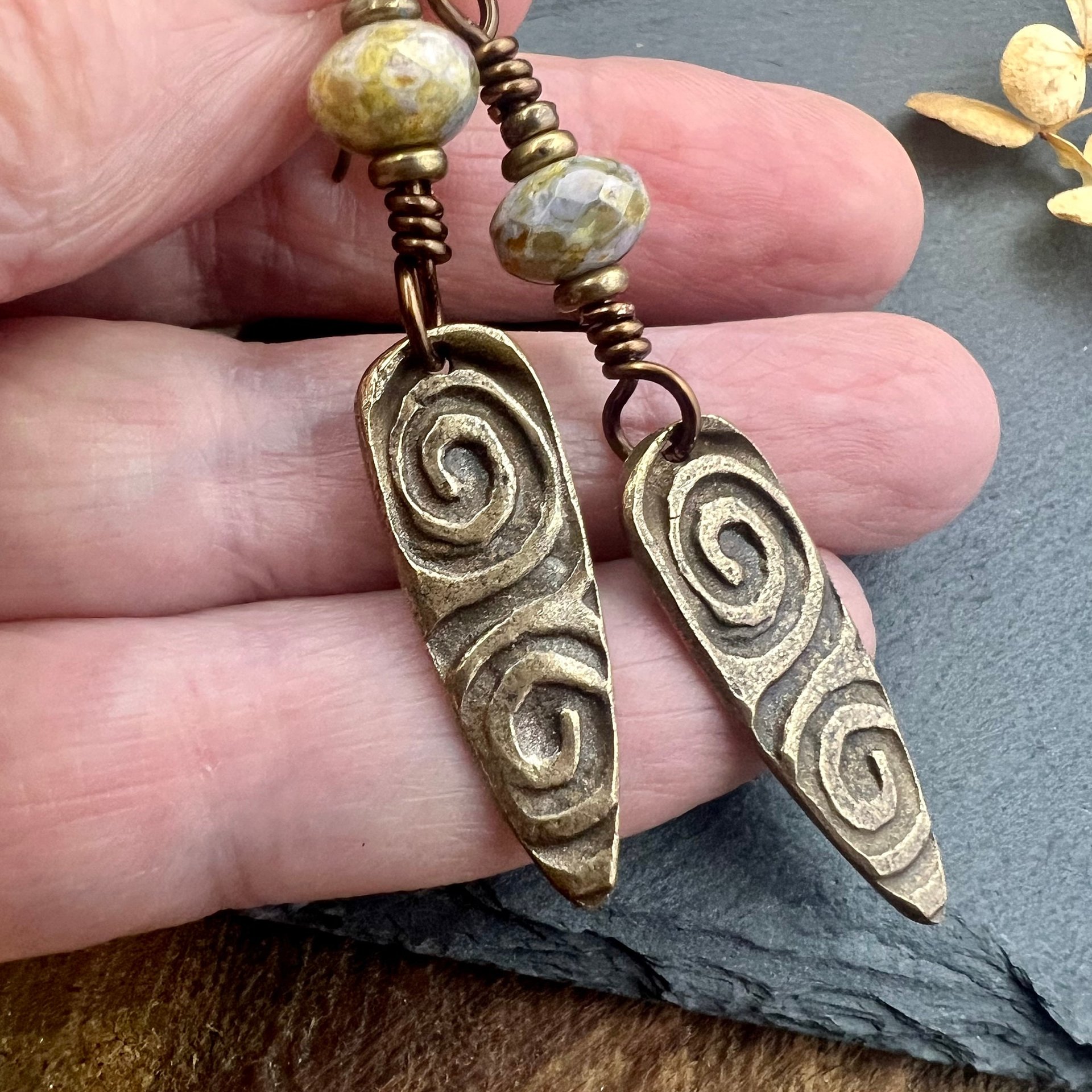 Bronze Shield Earrings, Celtic Spiral Texture, Czech Glass Beads, Hypoallergenic Ear Wires, Light Dangle Earrings, Teardrop Shield, Handmade