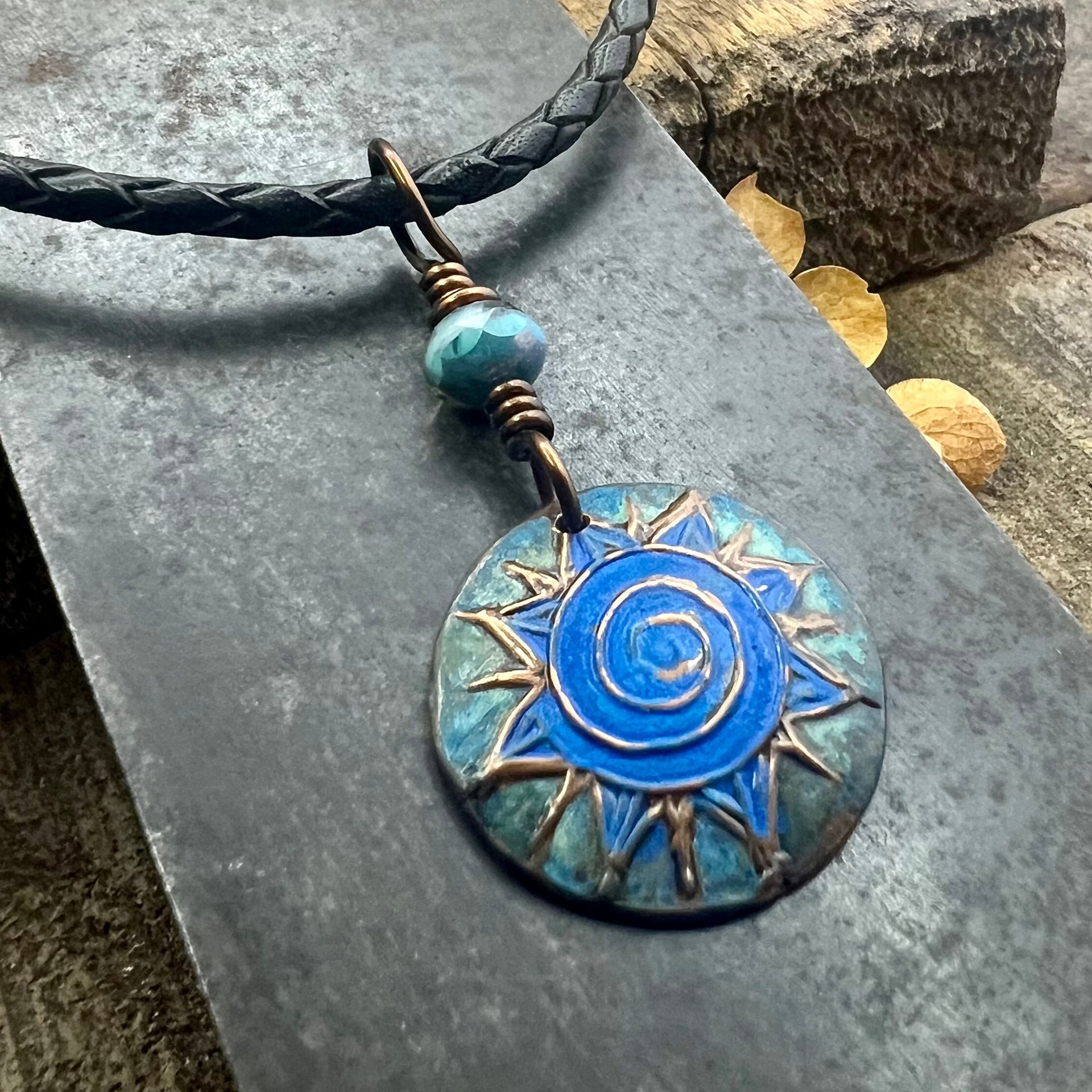 Celtic Sun Spiral Necklace, Copper Patina Pendant, Czech Glass Beads, Irish Celtic Spirals, Colorful Sun, Summer Jewelry, Pagan Celtic Witch