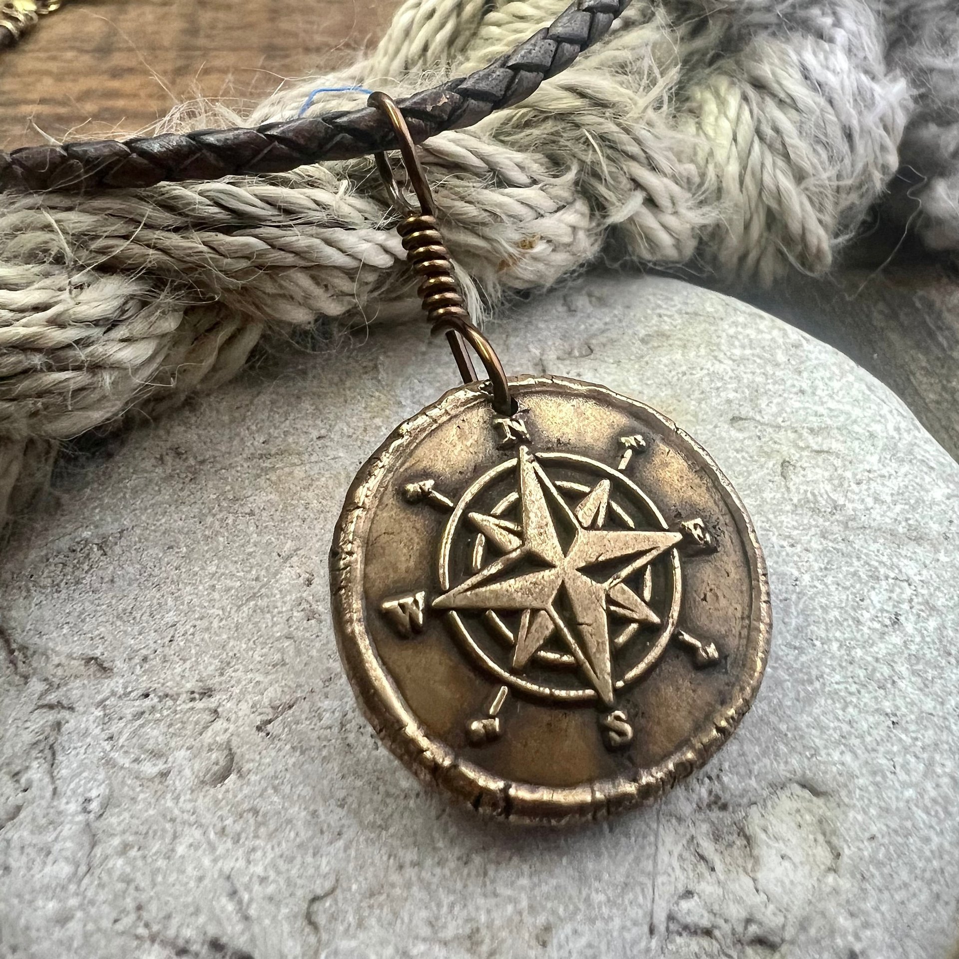Compass Rose Charm, Bronze Compass Necklace, Nautical, Boats Sailing Sea, Protection Guidance Talisman, Men's Unisex Jewelry, Rustic Seaworn