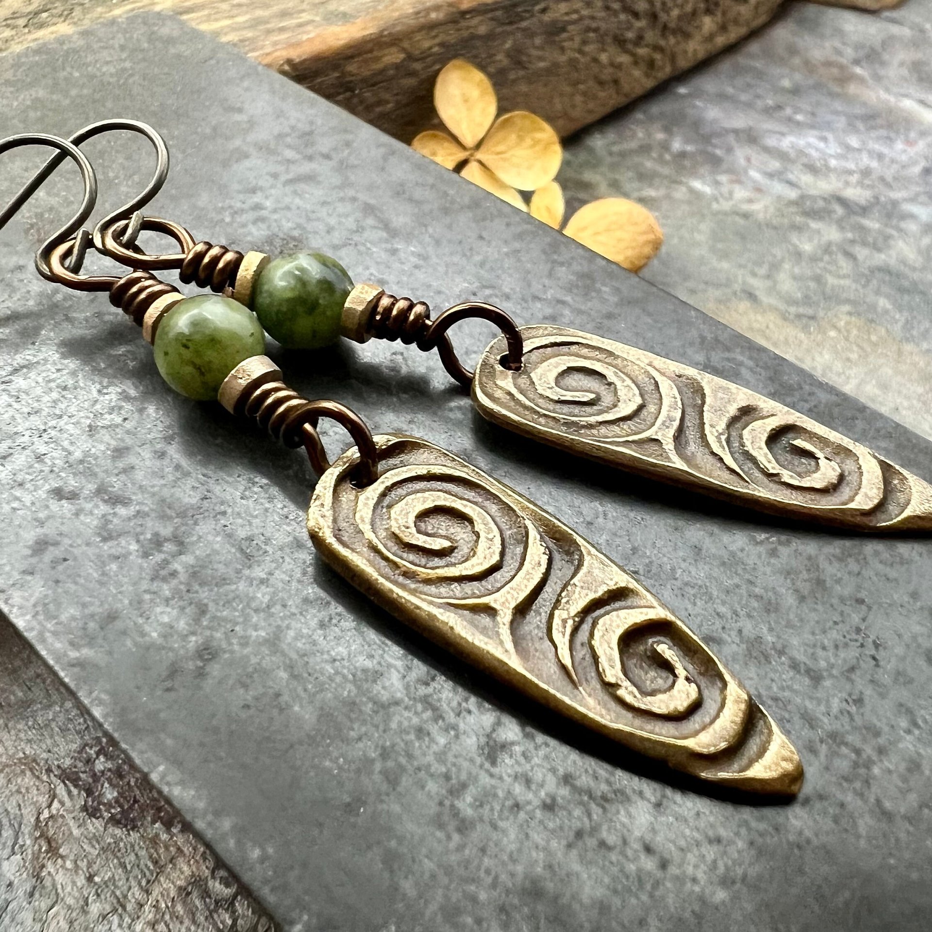 Bronze Shield Earrings, Irish Celtic Spiral, Connemara Marble, Hypoallergenic Ear Wires, Dagger Teardrop, Tribal Earthy Jewelry, Handmade