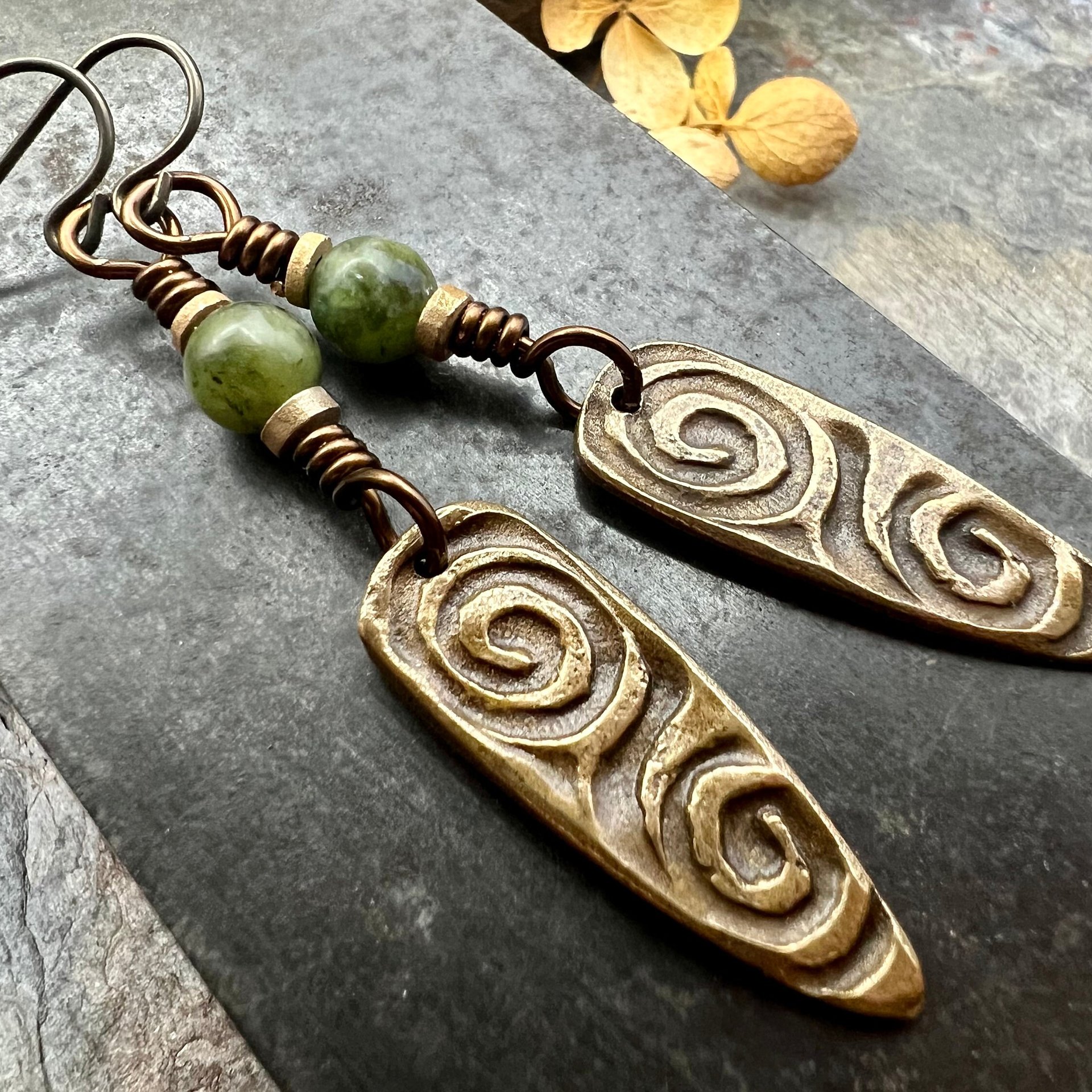 Bronze Shield Earrings, Irish Celtic Spiral, Connemara Marble, Hypoallergenic Ear Wires, Dagger Teardrop, Tribal Earthy Jewelry, Handmade