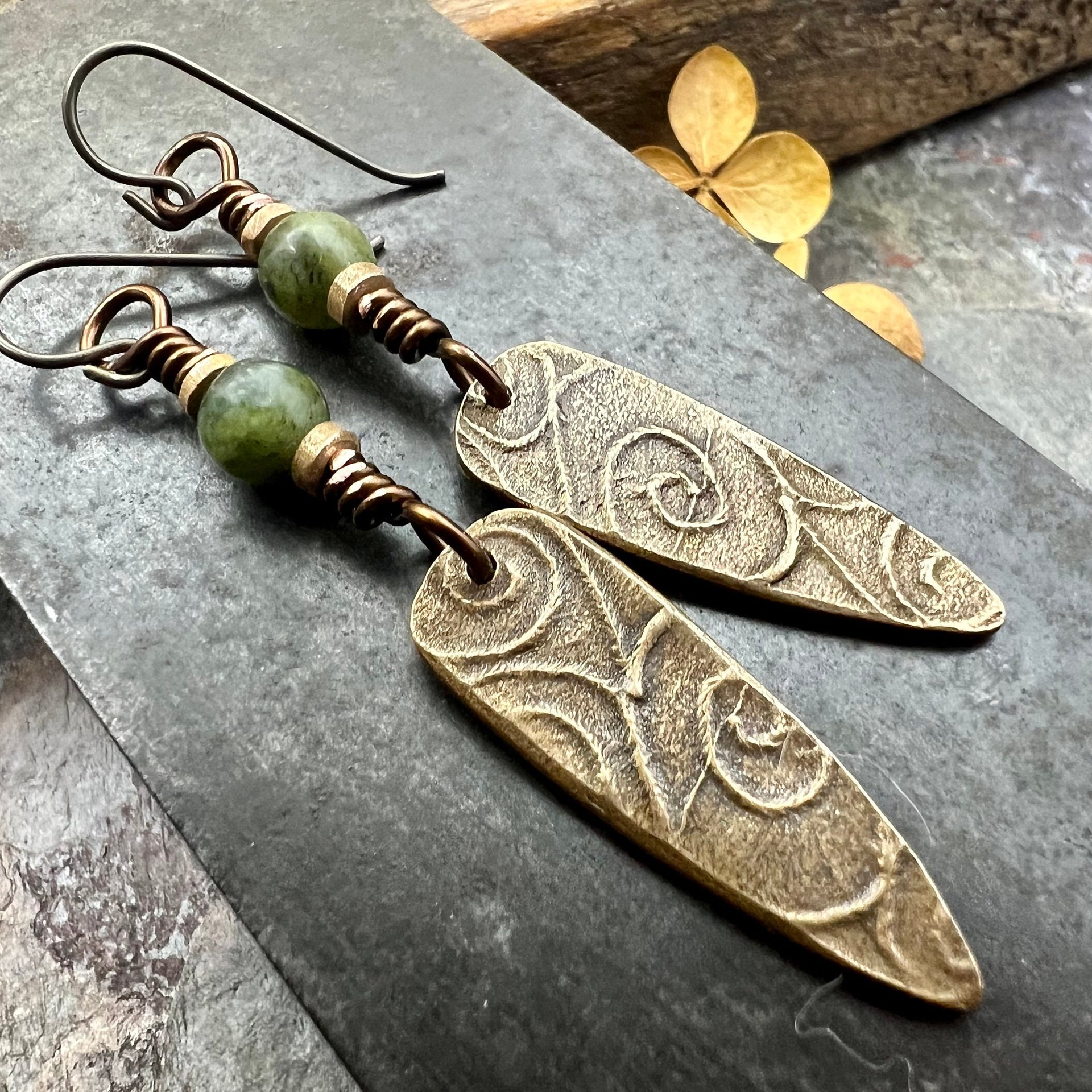 Bronze Shield Earrings, Irish Celtic Spiral, Connemara Marble, Hypoallergenic Ear Wires, Dagger Teardrop, Tribal Earthy Jewelry, Handmade