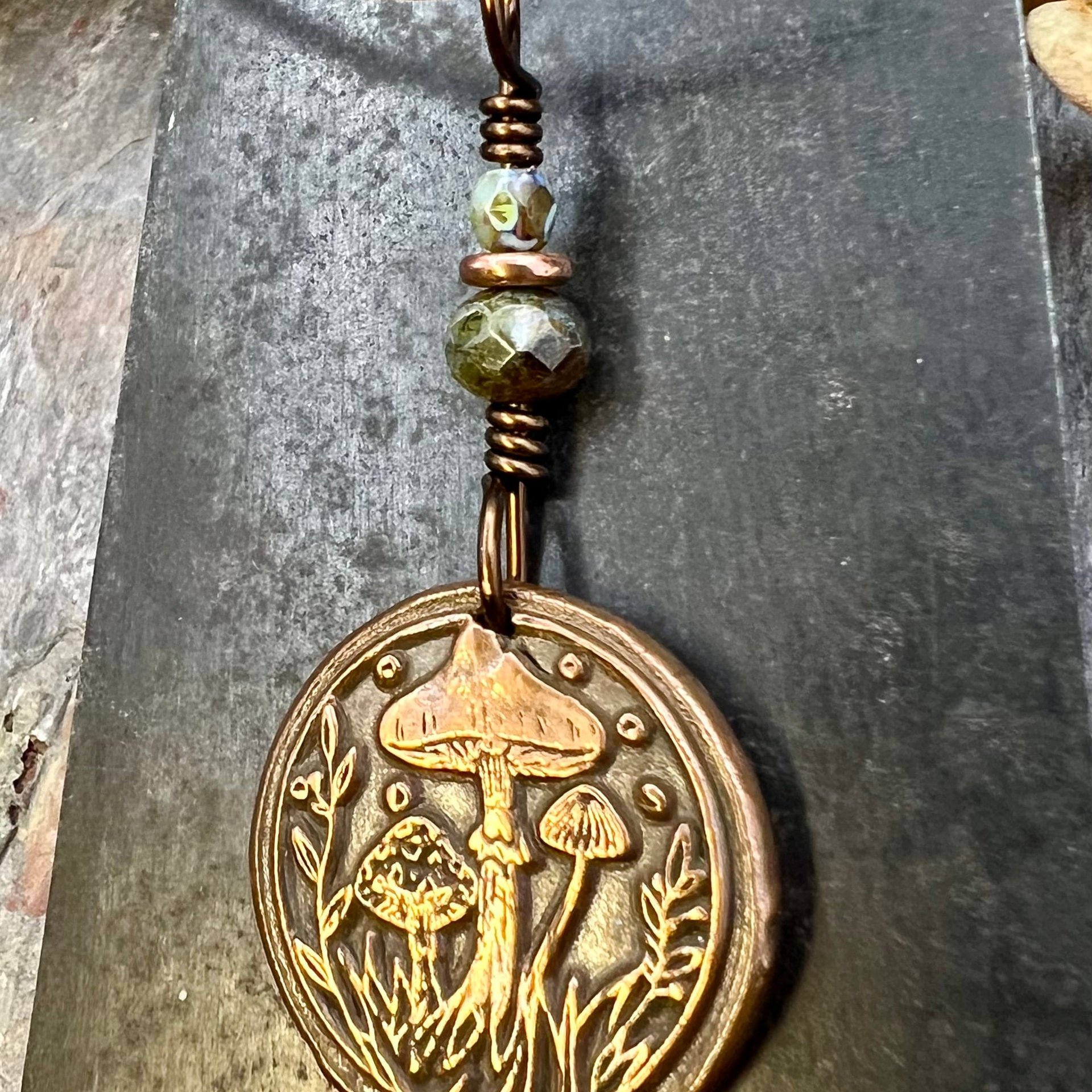Mushroom Copper Pendant, Wax Seal Charm, Czech Glass Beads, Green Witch Jewelry, Earthy Rustic, Fungi Necklace, Leather and Vegan Cords