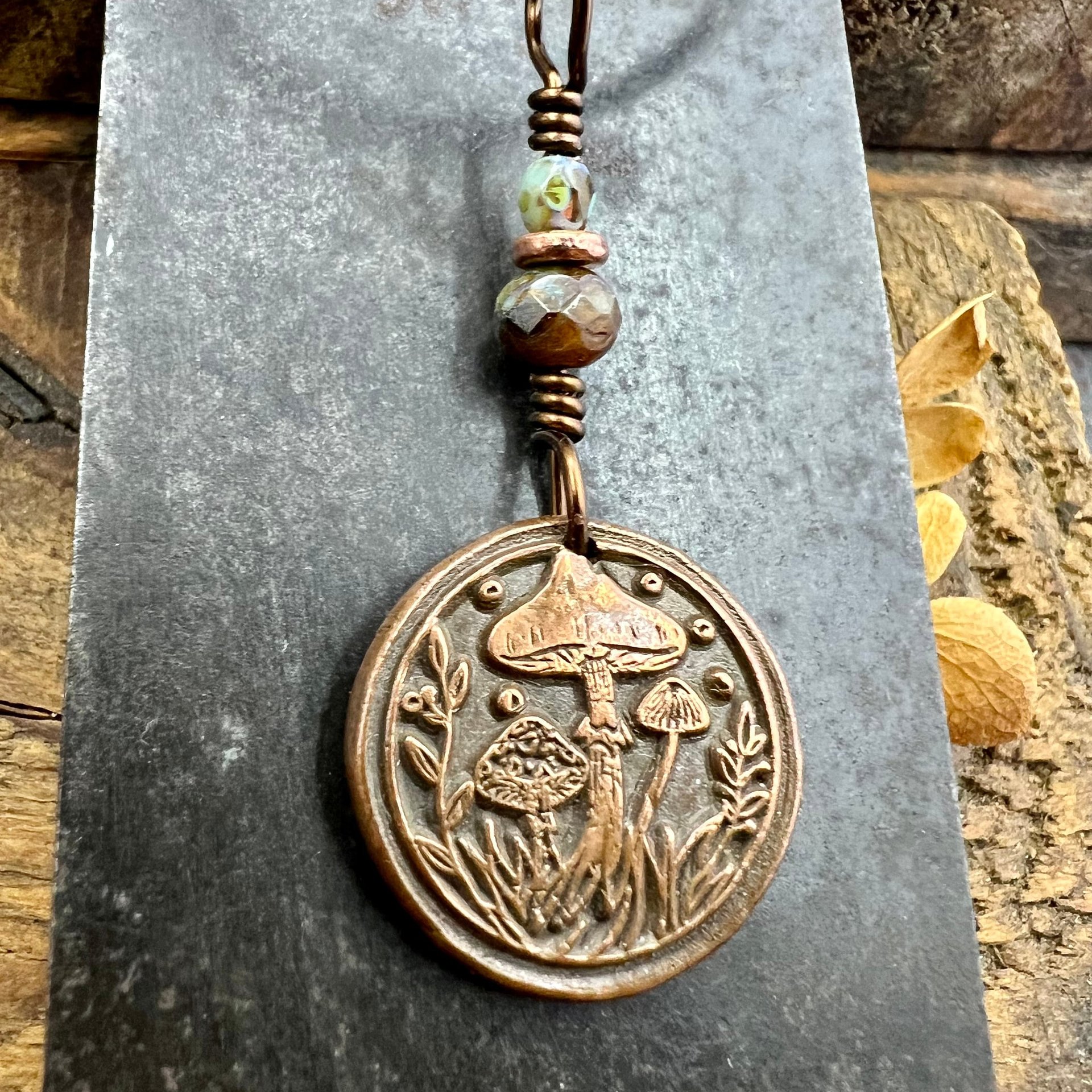 Mushroom Copper Pendant, Wax Seal Charm, Czech Glass Beads, Green Witch Jewelry, Earthy Rustic, Fungi Necklace, Leather and Vegan Cords